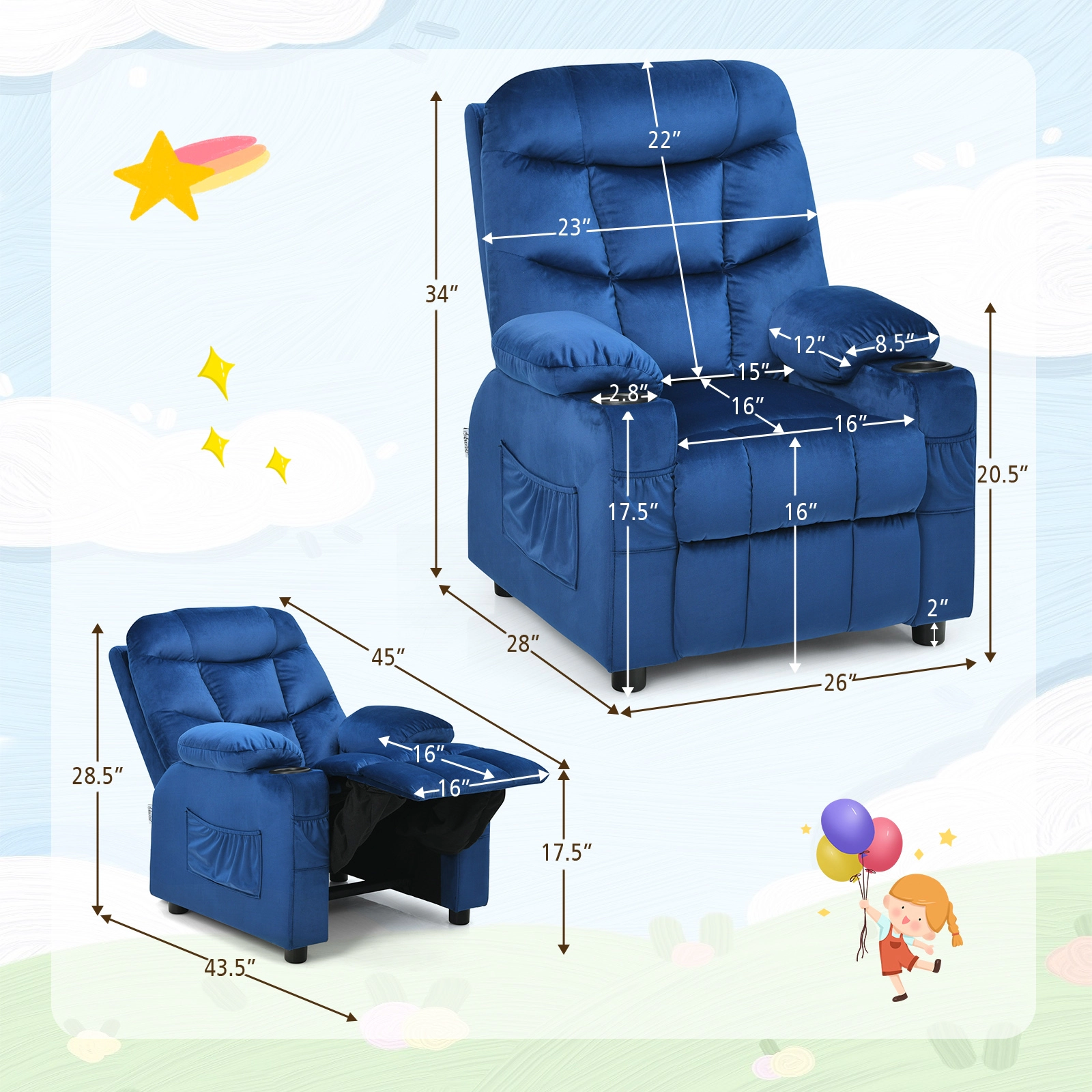 SUGIFT Light Blue Cup Holder and Retractable Footrest Velvet Kids Recliner Chair