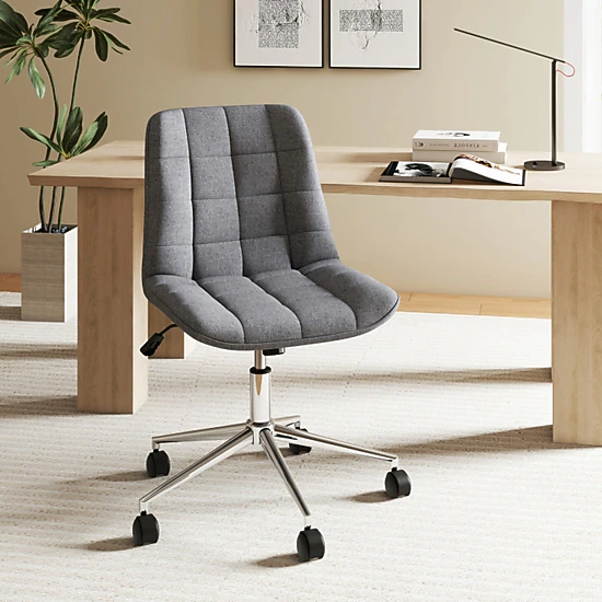 SUGIFT Armless Office Chair Upholstered Makeup Vanity Chair 250-Lb Capacity Adjustable Height Gray with Wheels