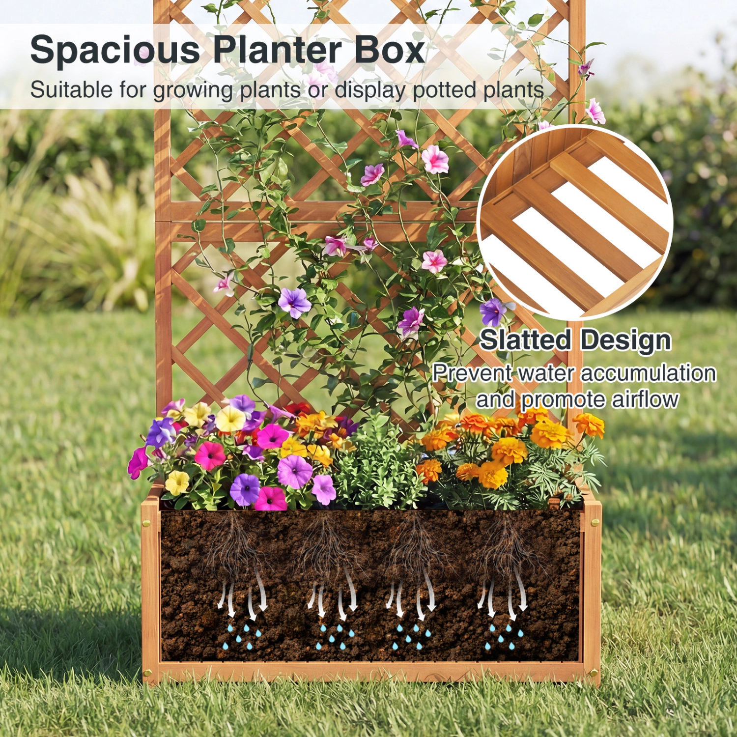 SUGIFT 63-in Tall 176-lb Capacity Acacia Wood Raised Garden Bed with Diamond Trellis and Slatted Base