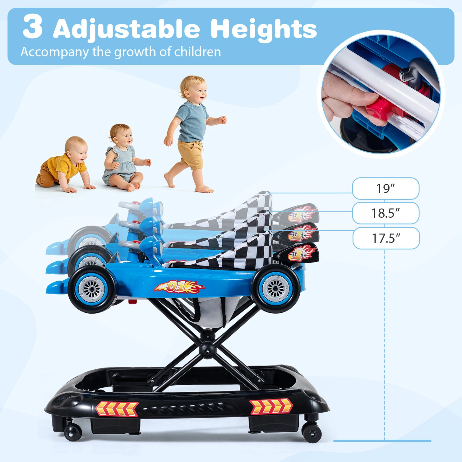 SUGIFT Convertible Baby Walker with 3 Adjustable Height Settings 26.5-lb Capacity Ages 7-14 Months Racing Car Style Blue
