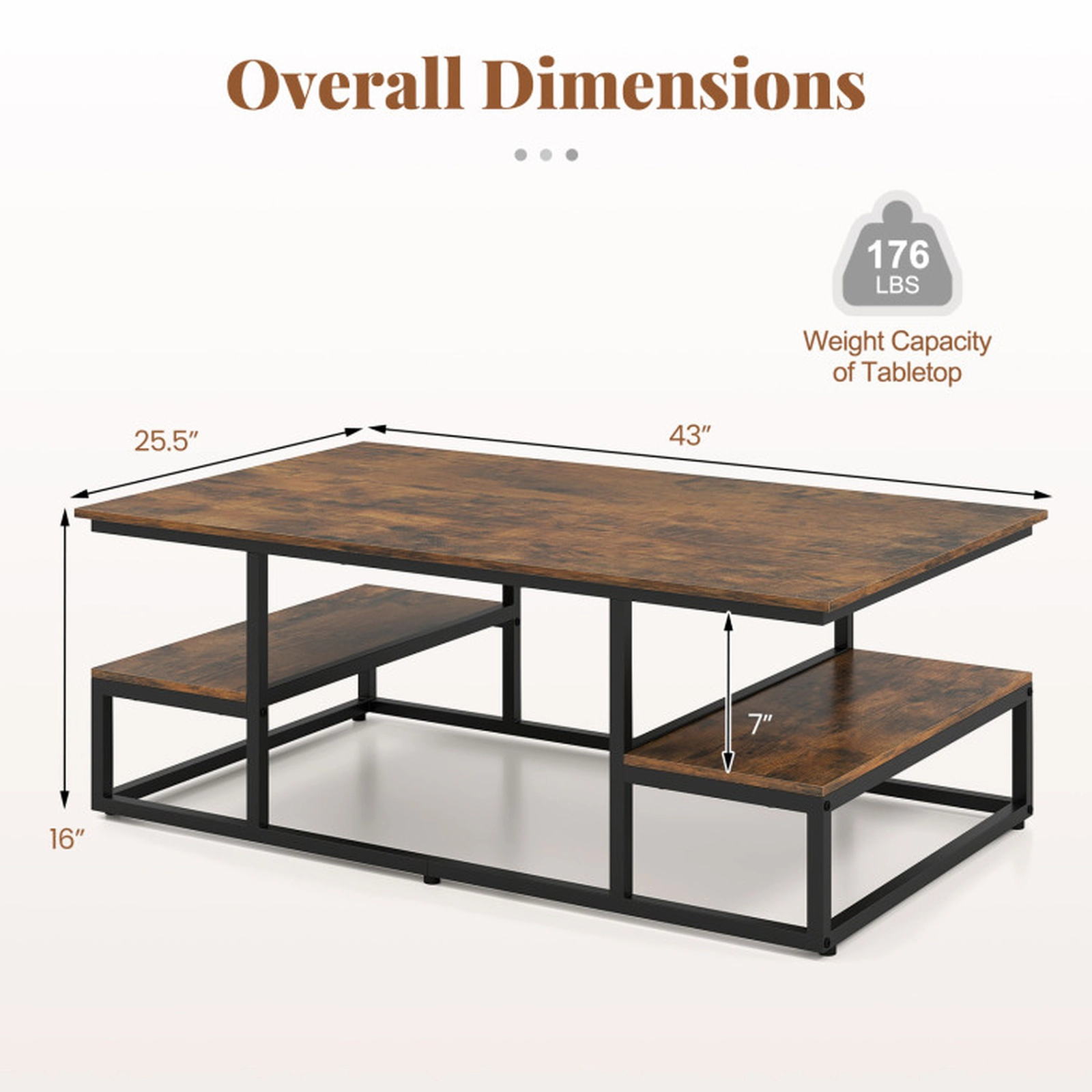 SUGIFT 43-in 176-lb Capacity Rustic Brown Rectangle Coffee Table with 2 Open Shelves and Metal Frame