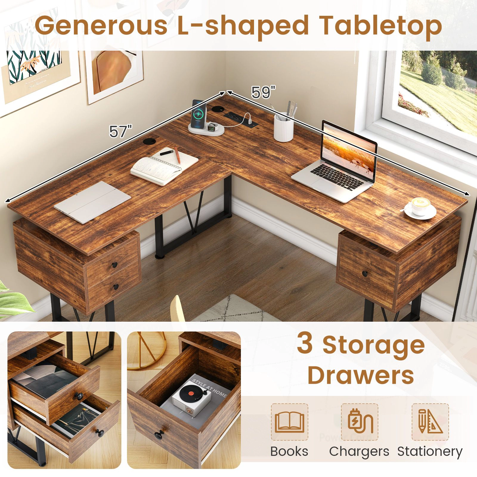 SlickBlue L-Shaped Office Desk with 3 Drawers and Power Station