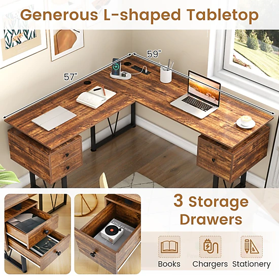 SlickBlue L-Shaped Office Desk with 3 Drawers and Power Station