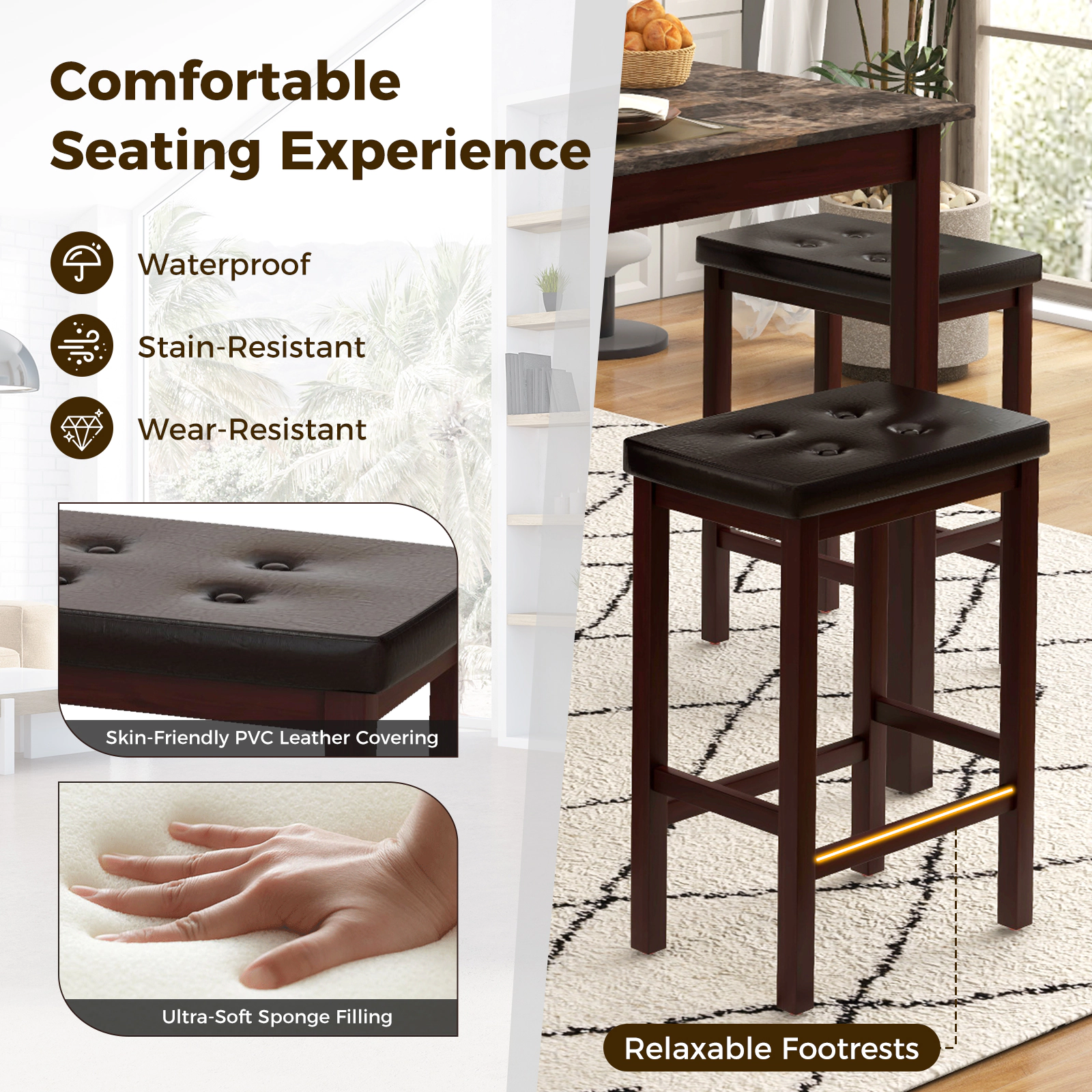 SUGIFT 5-Piece Counter-Height Dining Set for 4, 35-In Square Table with 4 Padded Stools