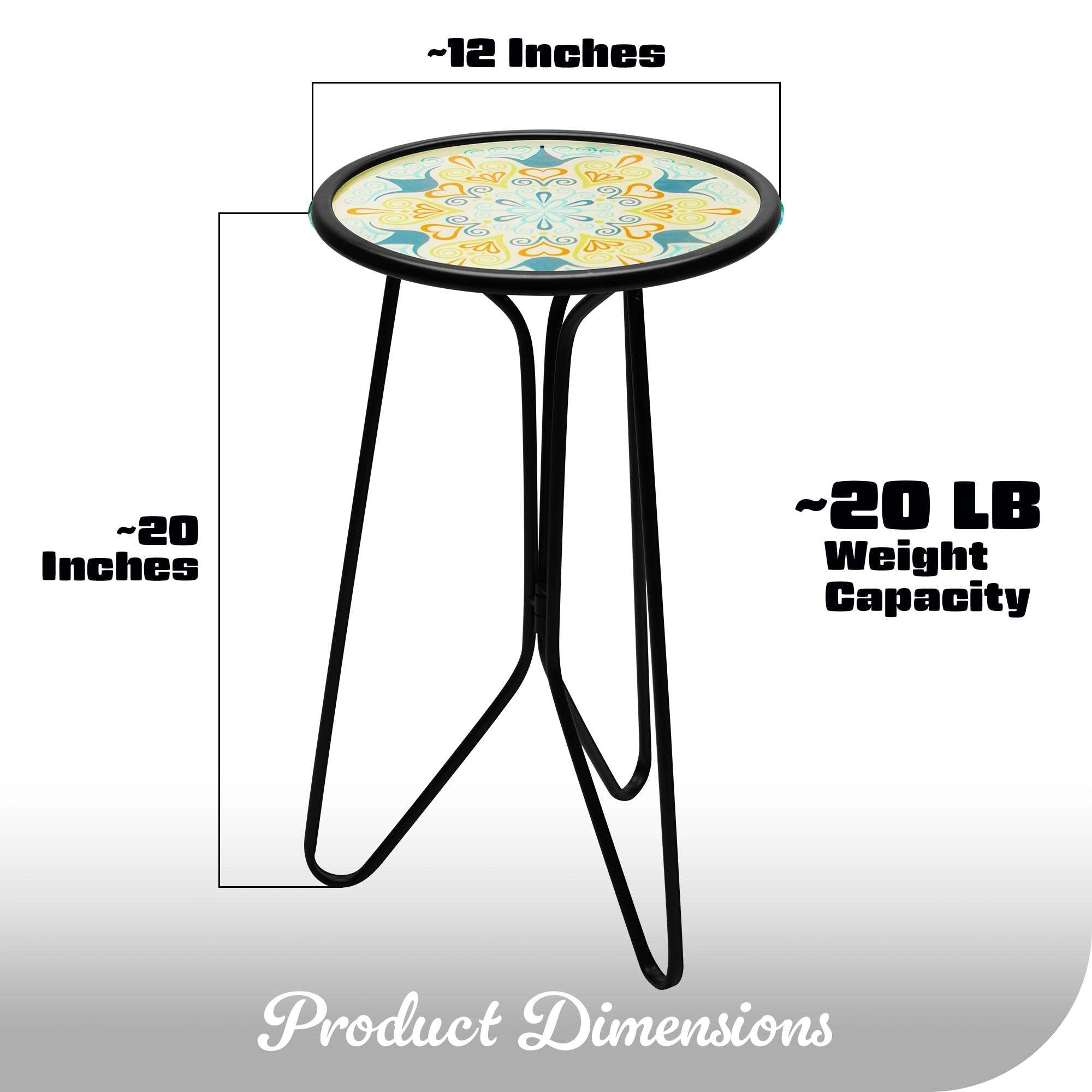 G128 12 in Round Glass Outdoor Side Table Green Mandala Pattern, Foldable Metal Plant Stand