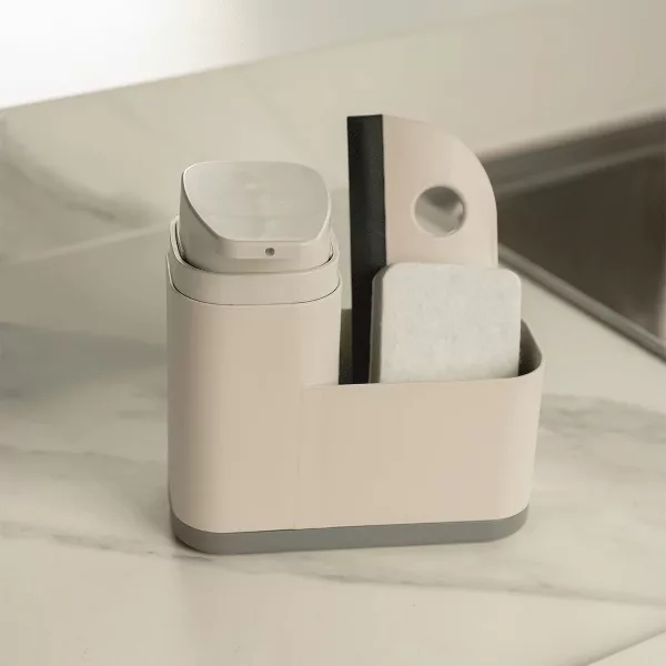 OU 19oz Liquid Soap Dispenser w/ Extended Sponge Holder & Drip Tray, Refillable Plastic Space Saving Sink Organizer