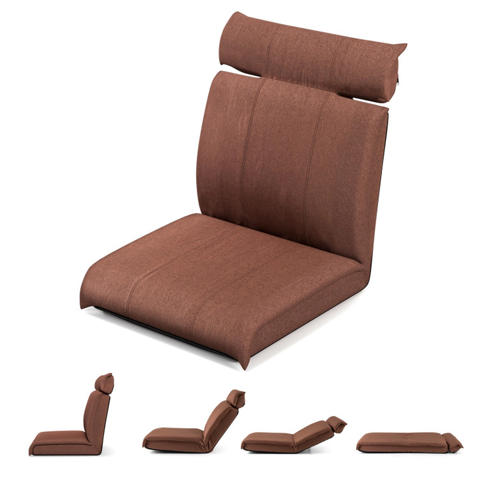 SUGIFT 14-Position Backrest 330-lb Capacity Brown Linen Folding Floor Chair with 5-Position Headrest