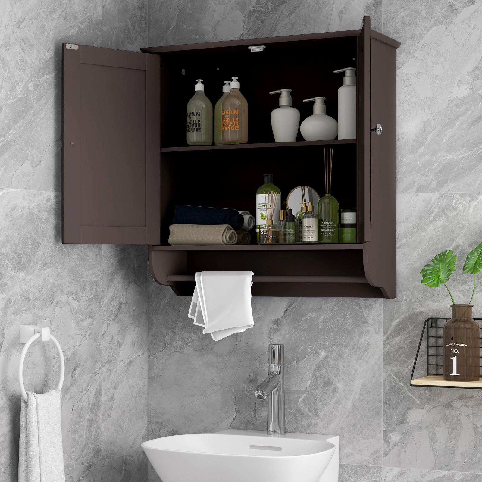 SUGIFT 2-Door Towel Bar 3-Position Shelf Engineered Wood Medicine Cabinet 23.5-in x 8-in x 24.5-in 100-lb Brown