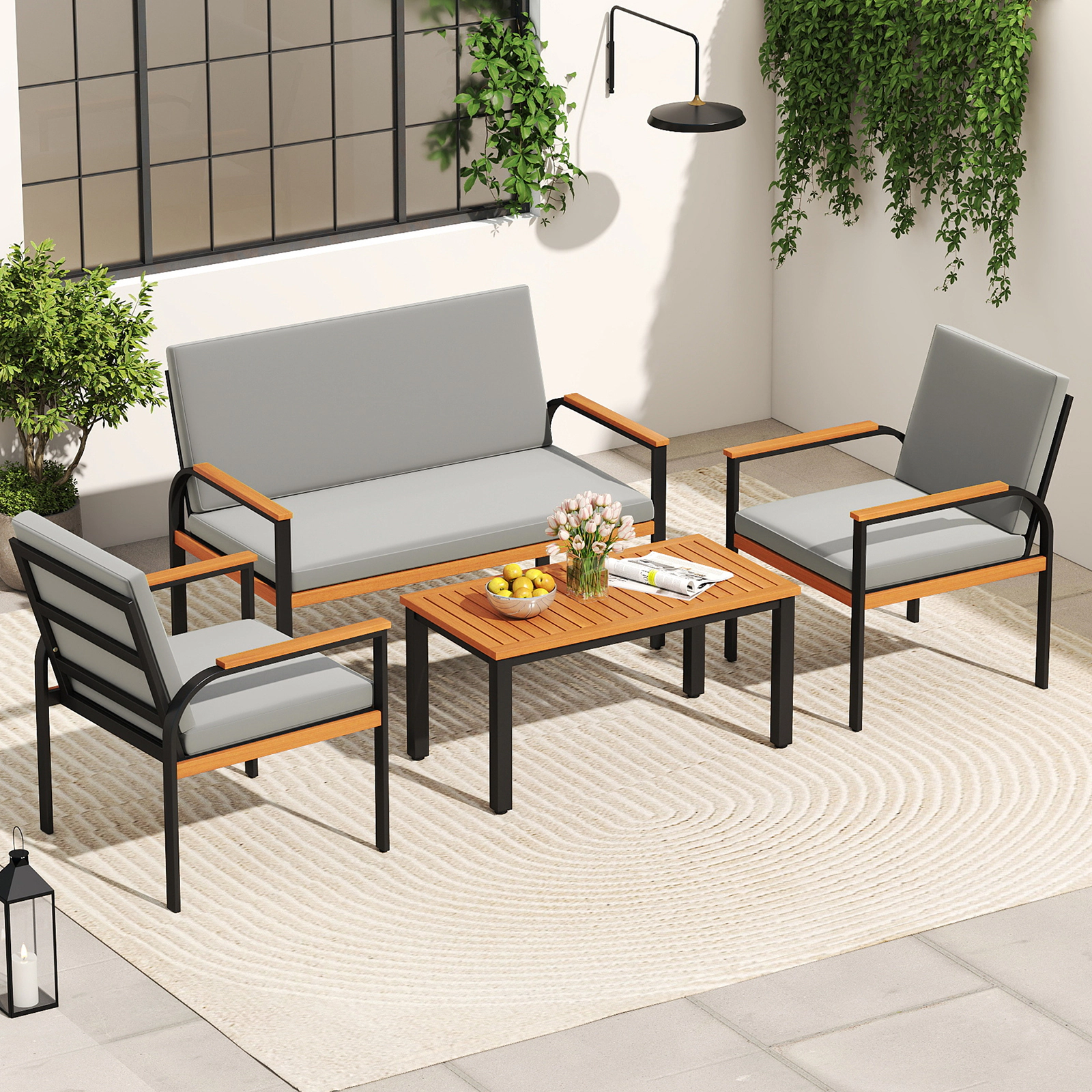 LJG 4 Piece Patio Furniture Set with Coffee Table and Loveseat with Removable Cushions