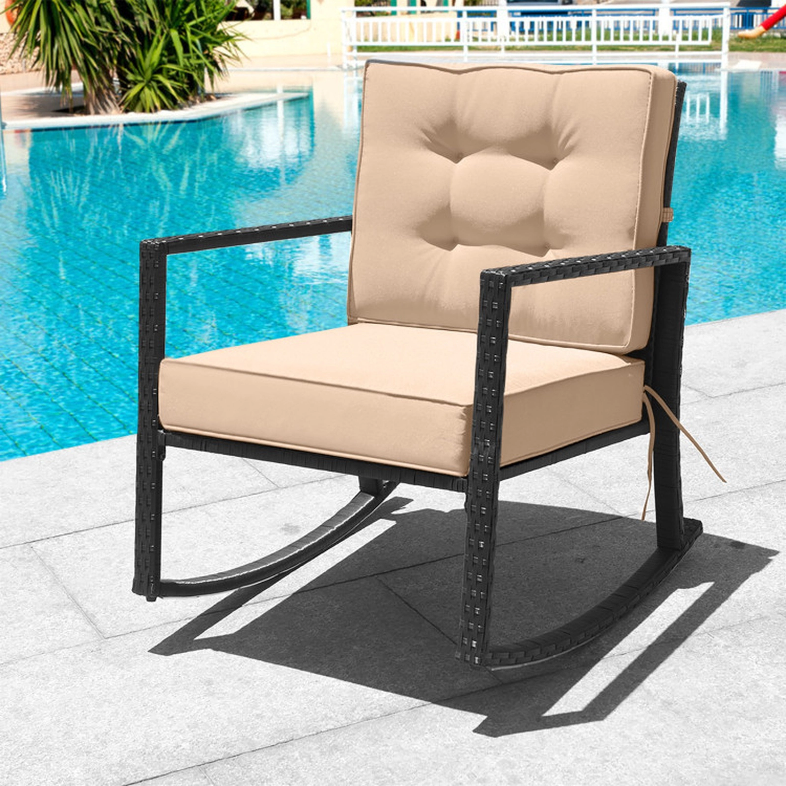 SUGIFT Brown 5-in Seat Cushion and Iron Frame Patio Rattan Rocking Chair