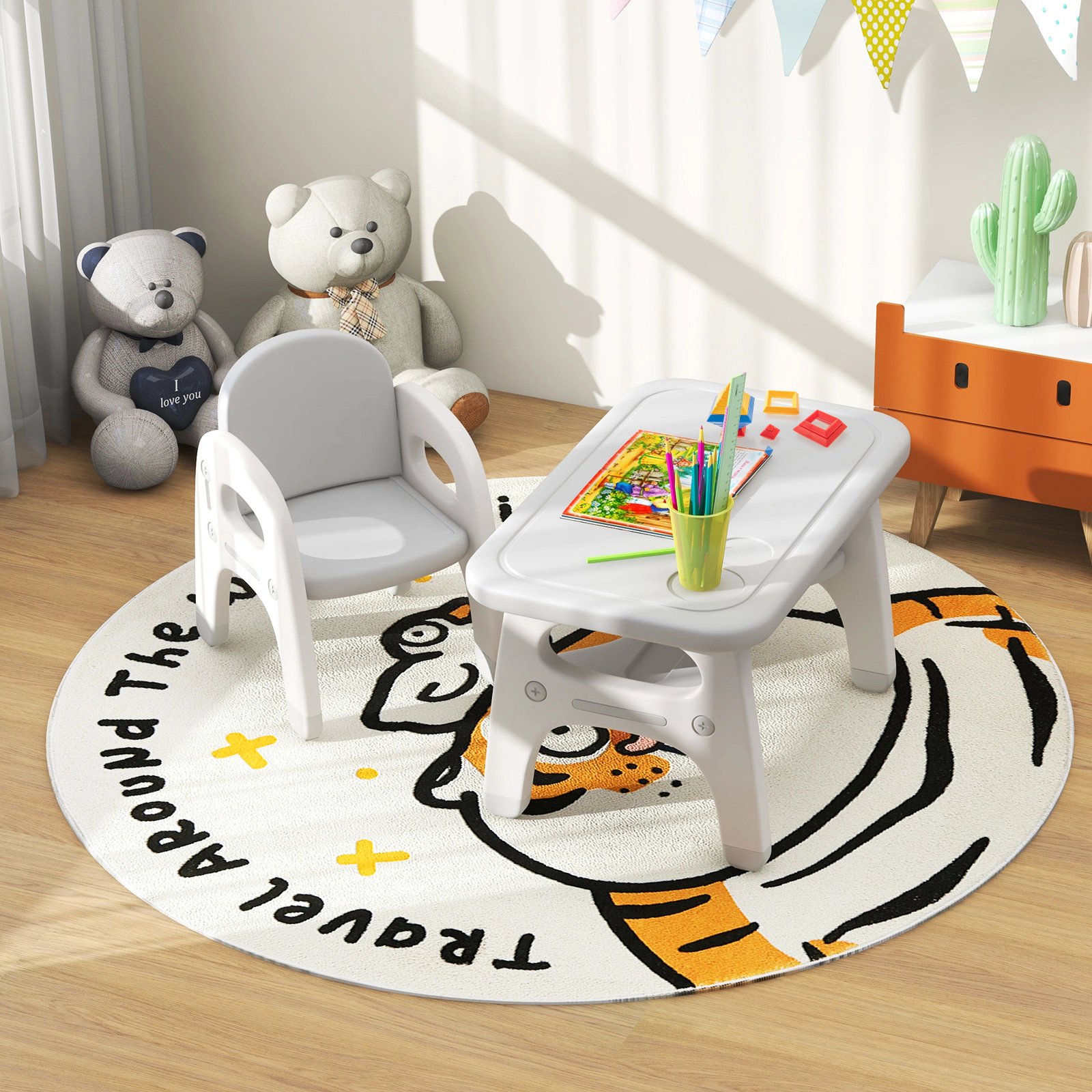 SUGIFT Kids Dinosaur Activity Table and Chair Set with Building Blocks, Gray