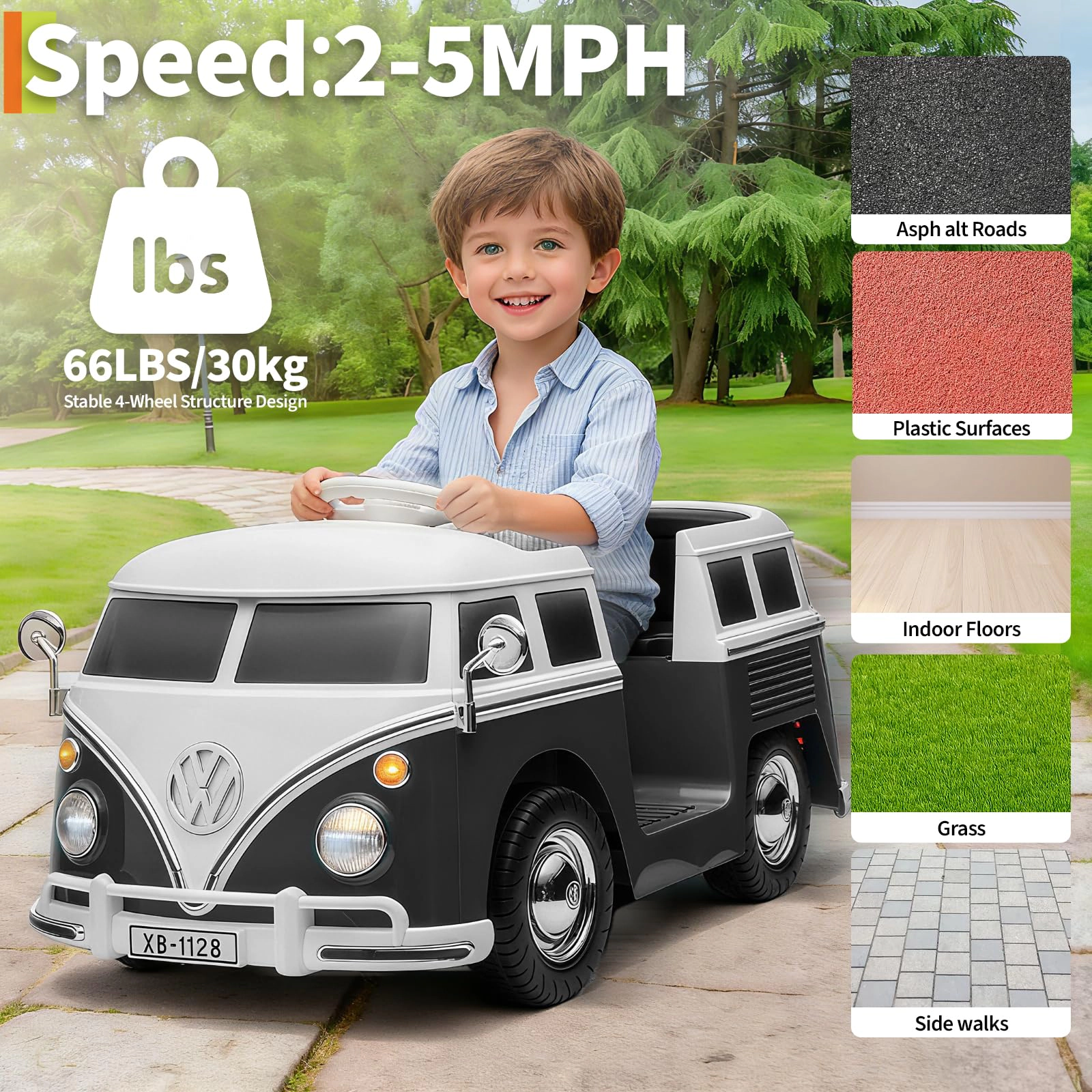 Enjyam 6V Licensed Volkswagen T1 Bus Ride-On Car for Kids with LED Lights, Horn, Music & Two Speeds