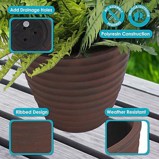 Sunnydaze 13 in Ribbed Polyresin Outdoor Planter - Rust, Color: Rust ...