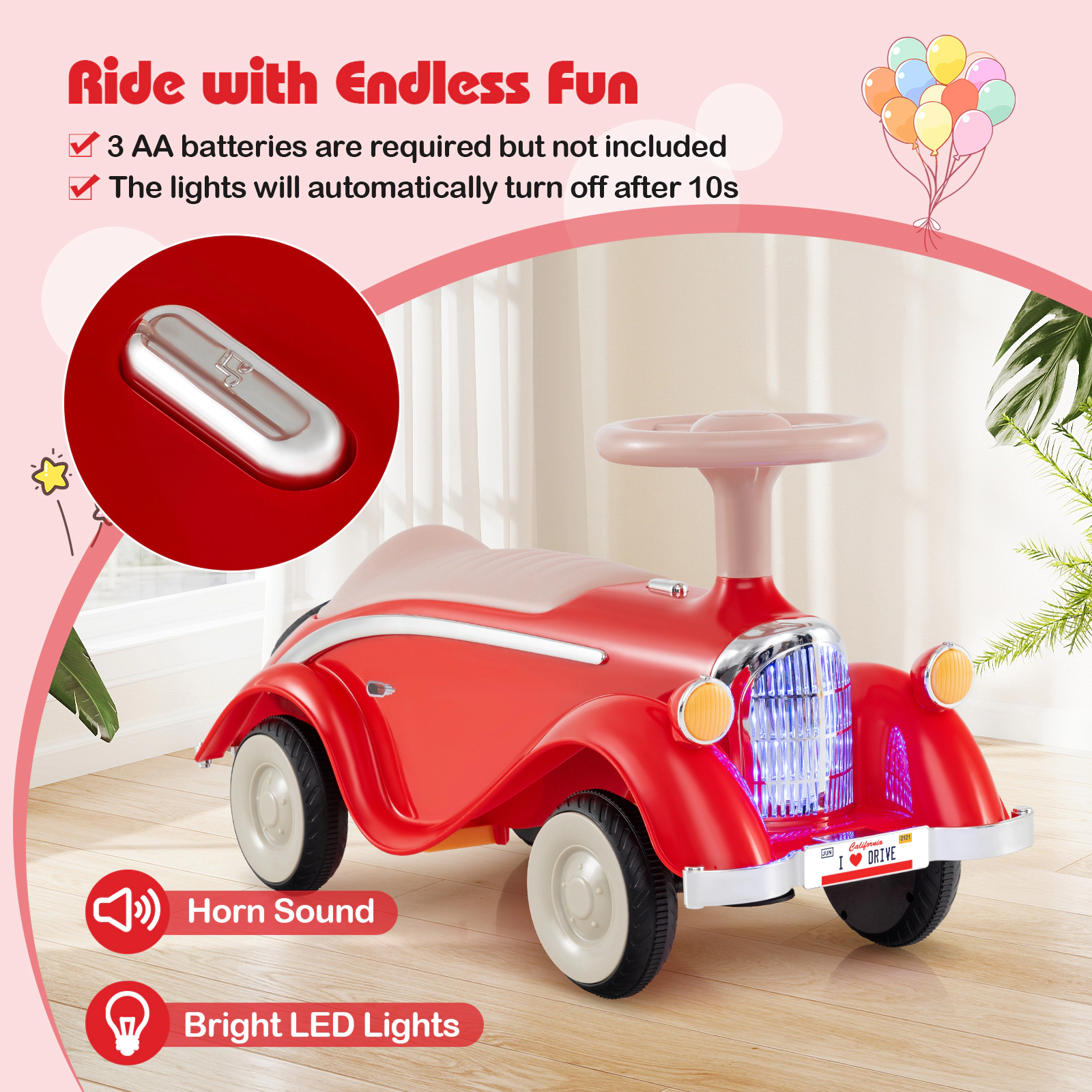 SUGIFT Red Horn LED Headlight and Under Seat Storage Toddler Ride On Classic Sliding Car