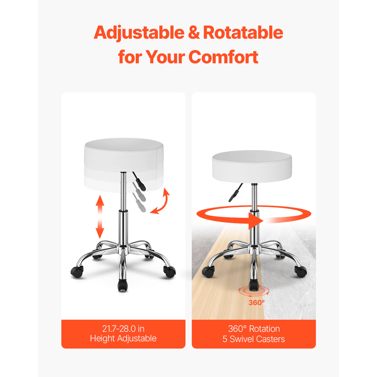 HONGGE Rolling Stool with Wheels 450 LBS Weight Capacity Round Rolling Stool Chair Height Adjustable Thickened PU