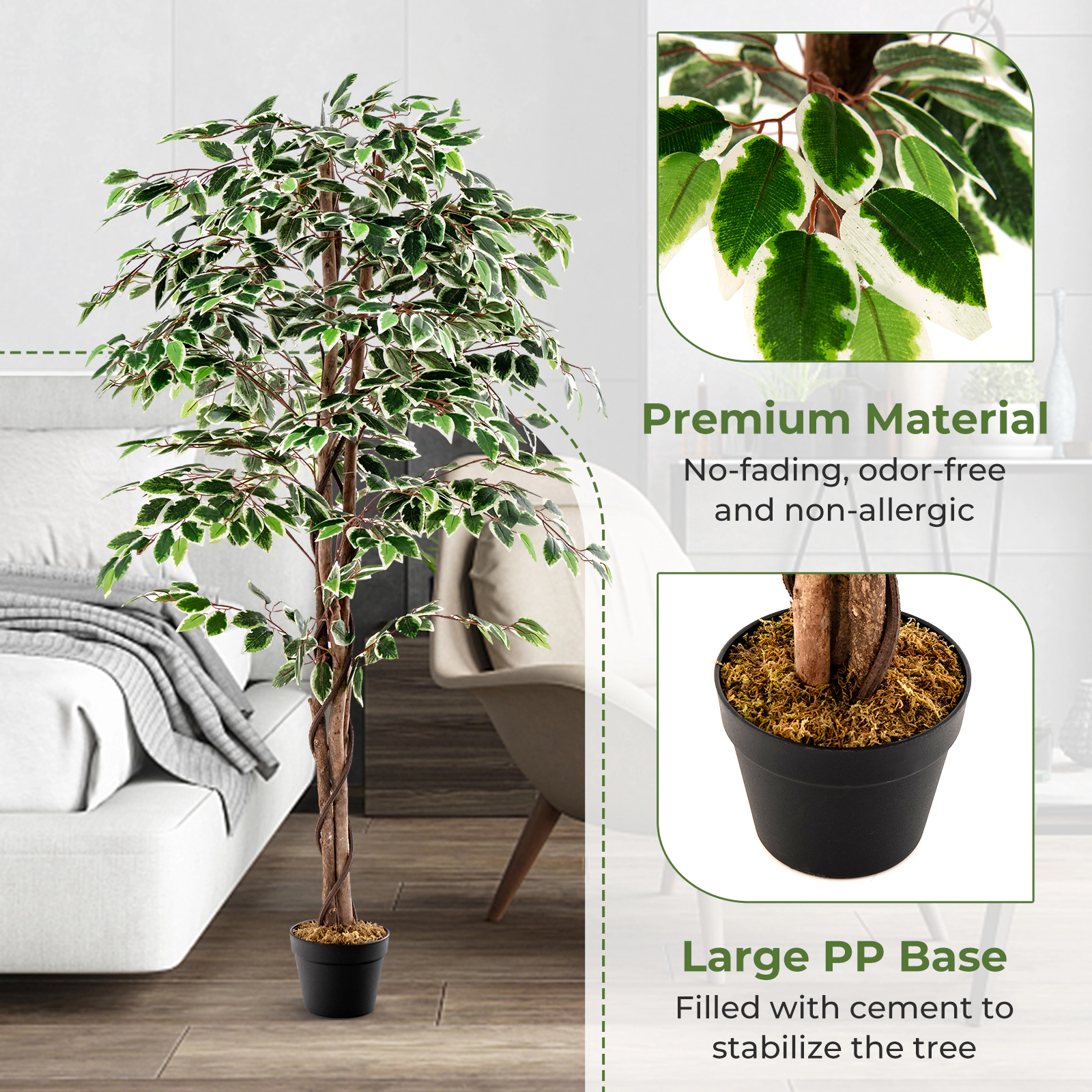 SUGIFT 65-in Tall Artificial Ficus Tree with 1008 White-Edged Leaves Solid Wood Trunk and Dried Moss