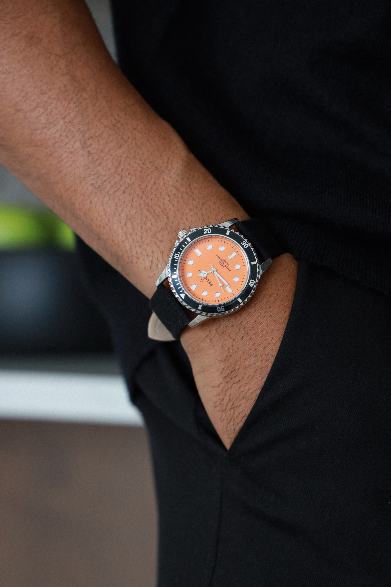 Peugeot Men's 42mm Sport Bezel Watch with Orange Dial and Canvas Strap