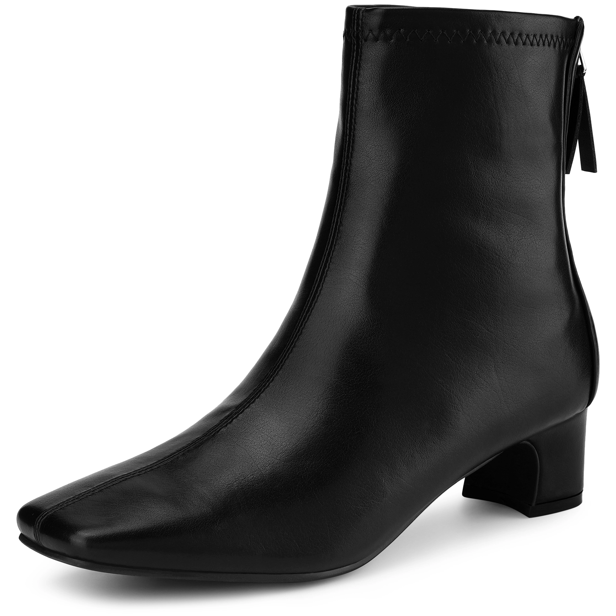 BLISSFUL STEP Women Faux Leather Square Toe Block Heels Ankle Boots Zip Up