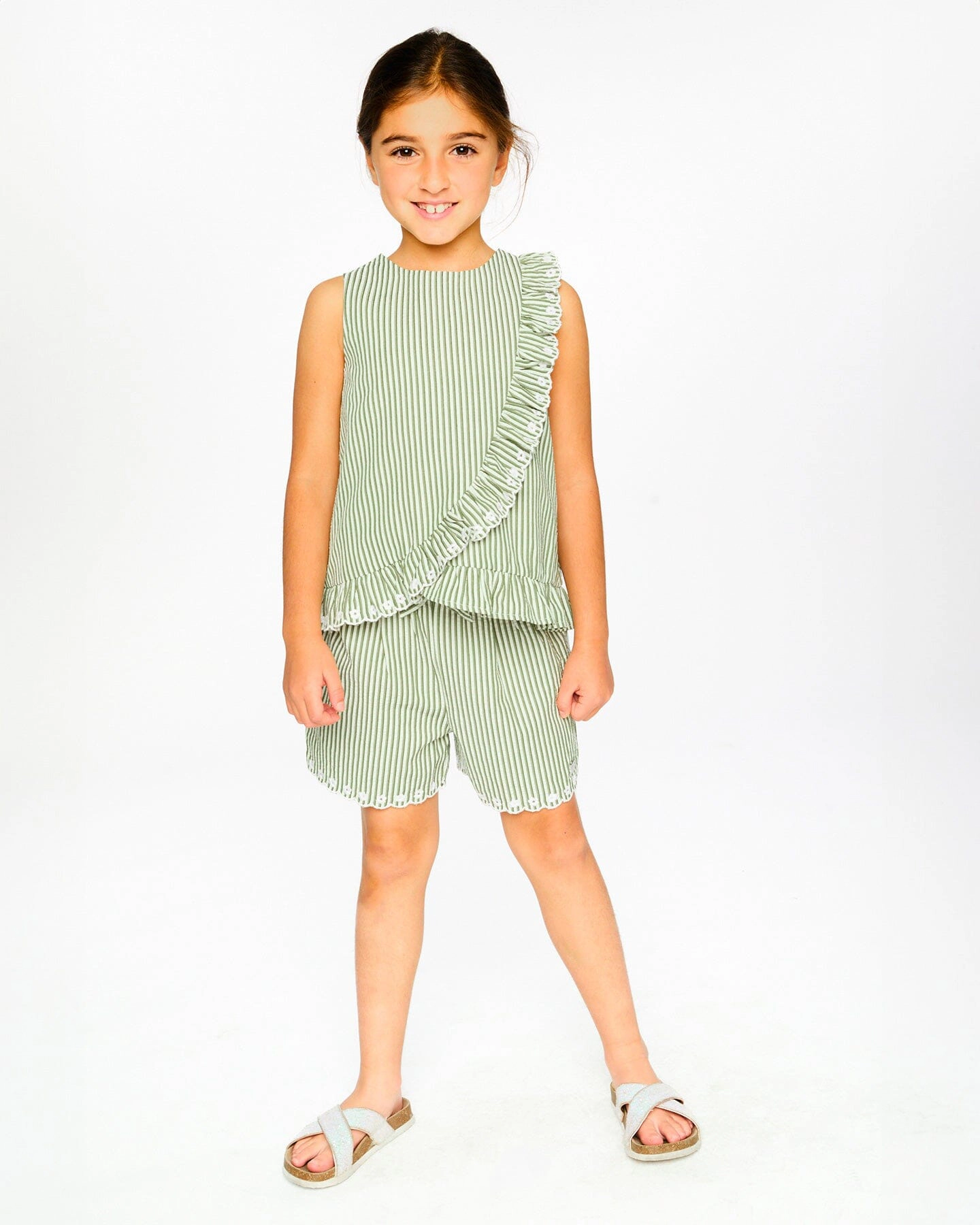 Deux par Girls Top and Stripes with Embroidered Ruffle