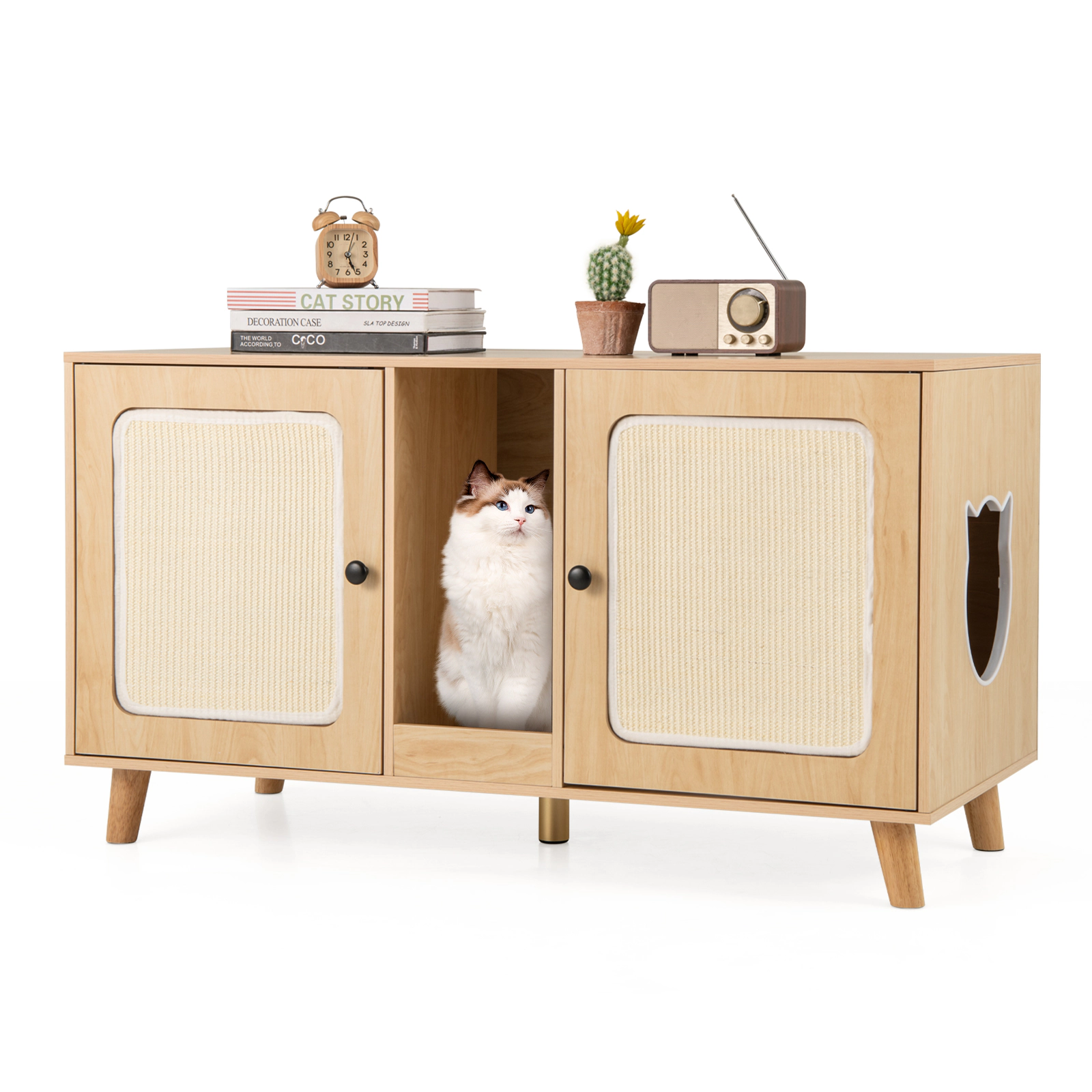 SUGIFT Natural Double Room Cat Litter Box Enclosure with 2 Sisal Scratching Mats 43-in W 20-in D 24-in H
