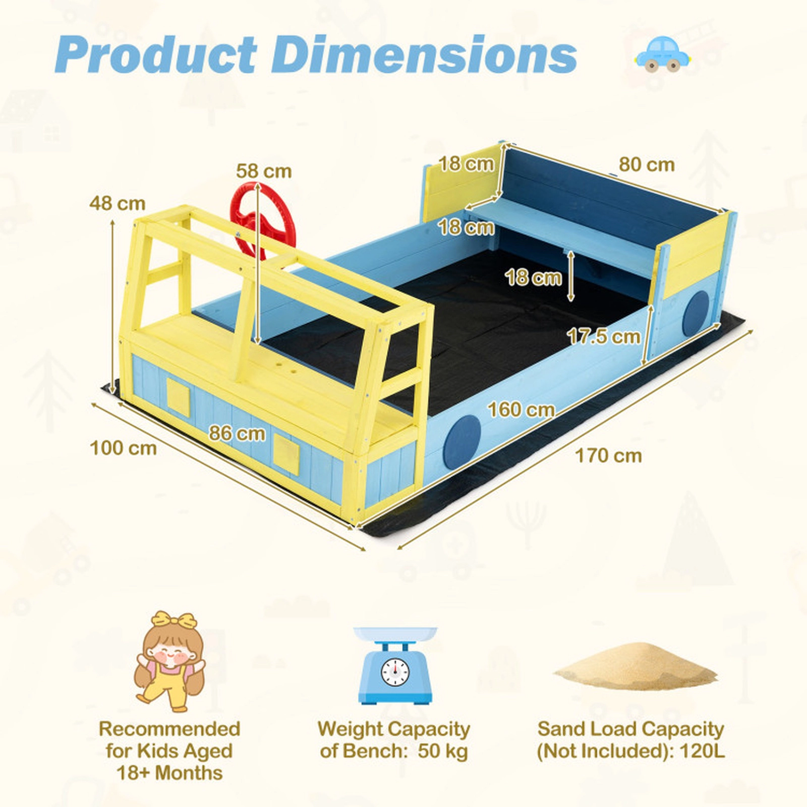 SUGIFT Blue Bottom Liner Bench Seat and Fir Wood Frame Large Car-Theme Kids Sandbox