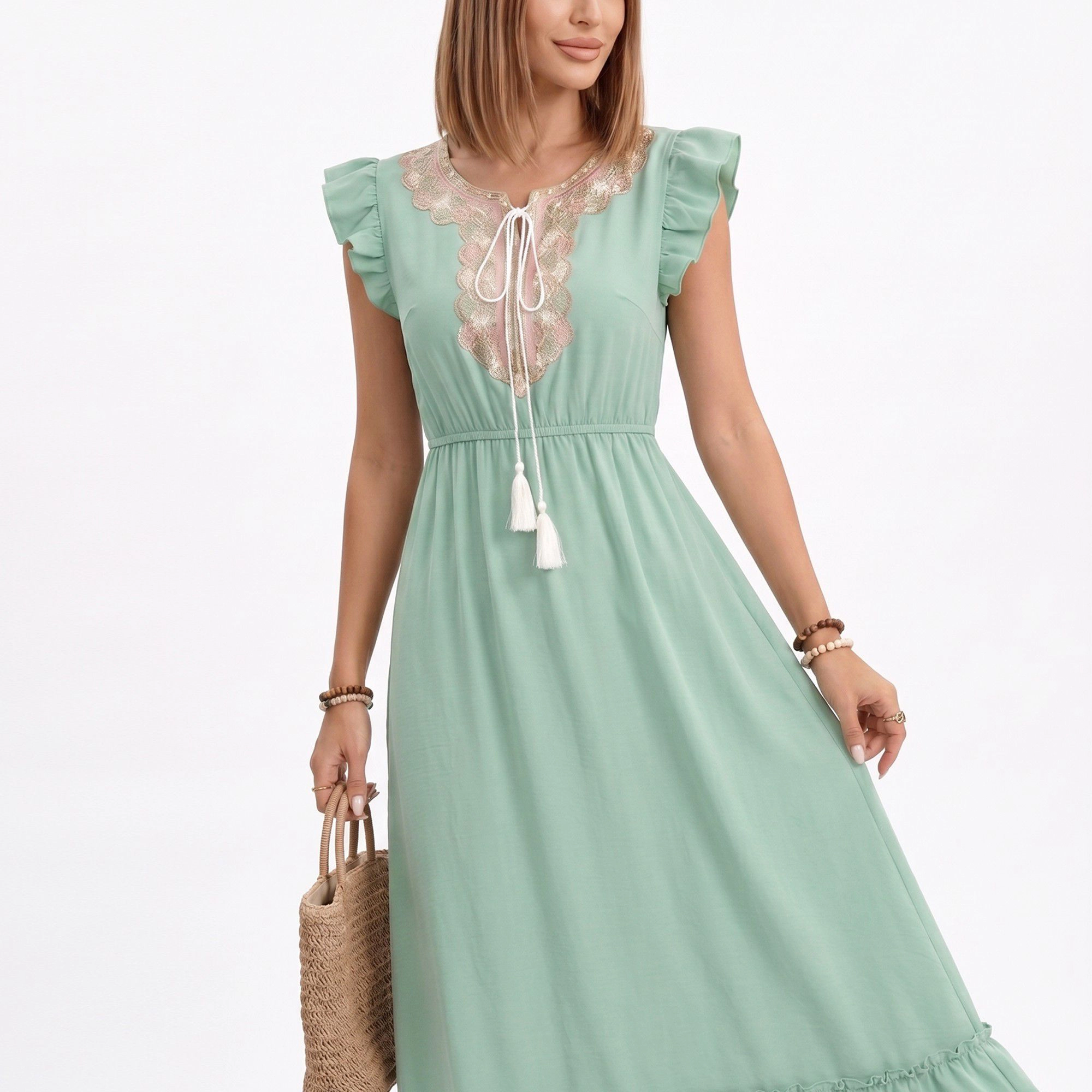 Anna-Kaci Women's Ruffle Sleeve Tie Neck Embroidered Trim Maxi Dress