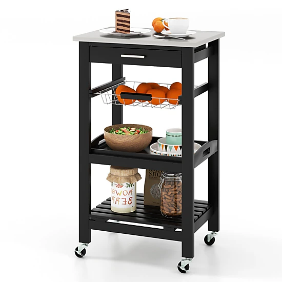 SUGIFT Black Kitchen Island Cart with Stainless Steel Top Wire Basket and Removable Tray 18.5-in W 14.5-in D