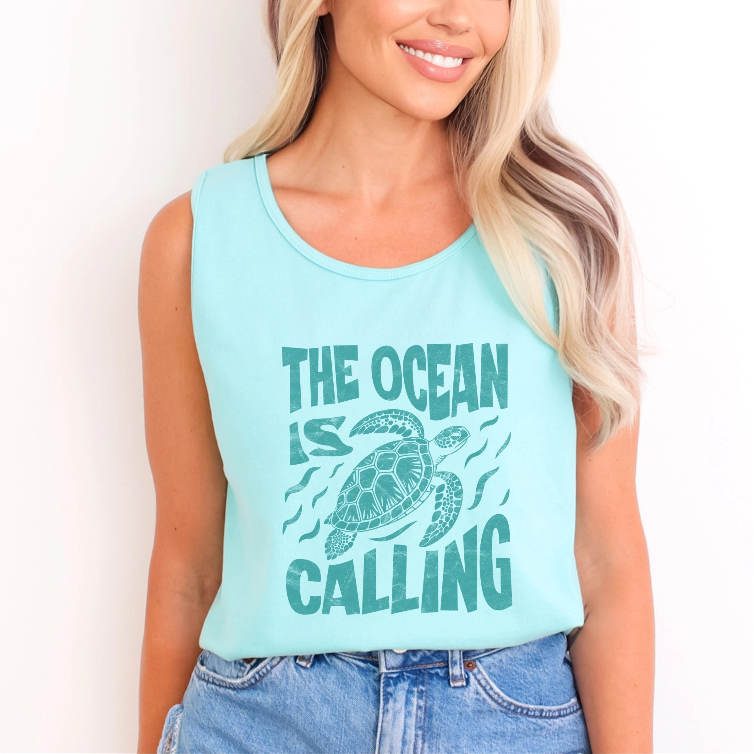 Simply Sage Market - The Ocean Is Calling Turtle Women's Garment Dyed Graphic Tank Top