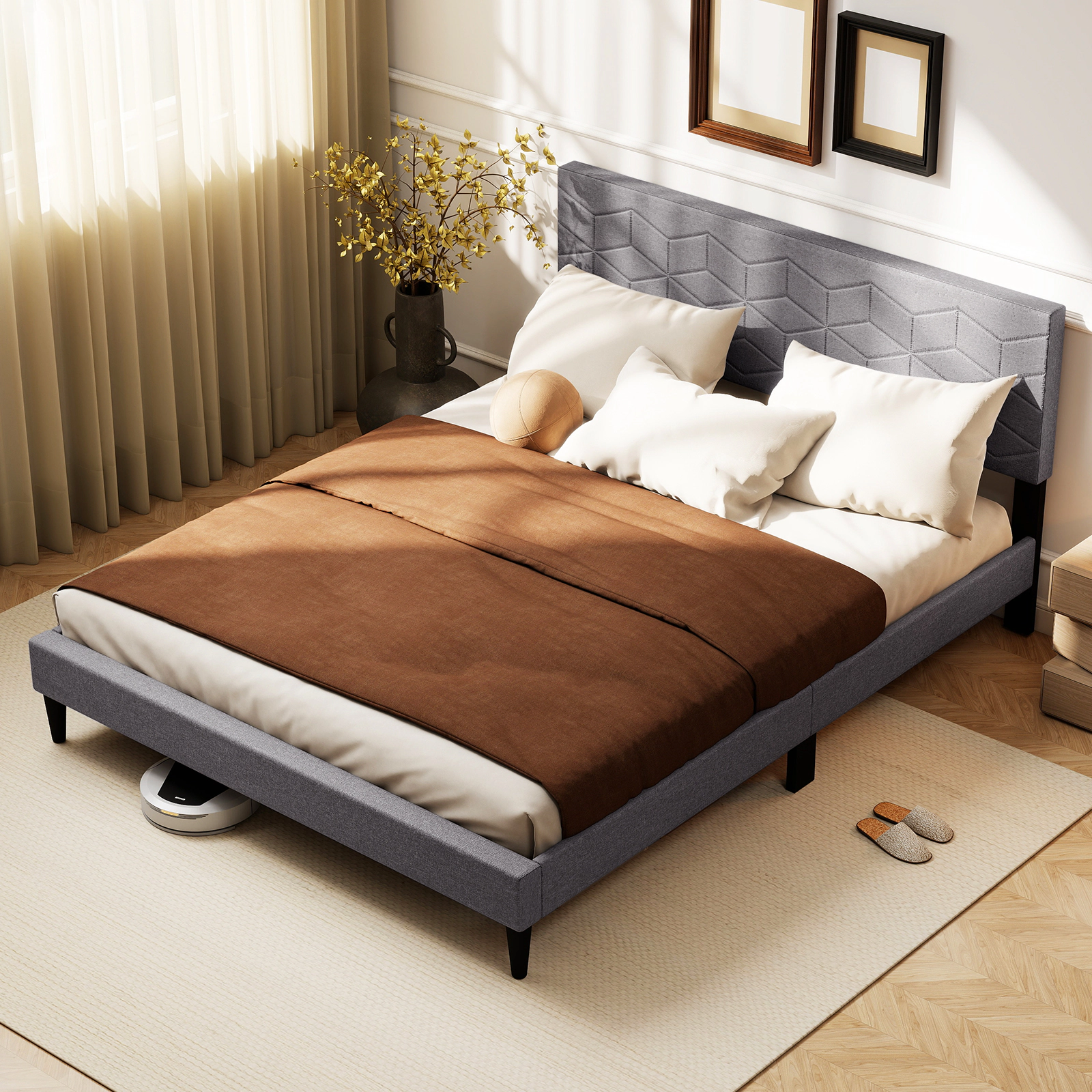LJG Twin/Full/Queen Size Bed Frame Modern Platform Bed with Linen Fabric Upholstered Headboard