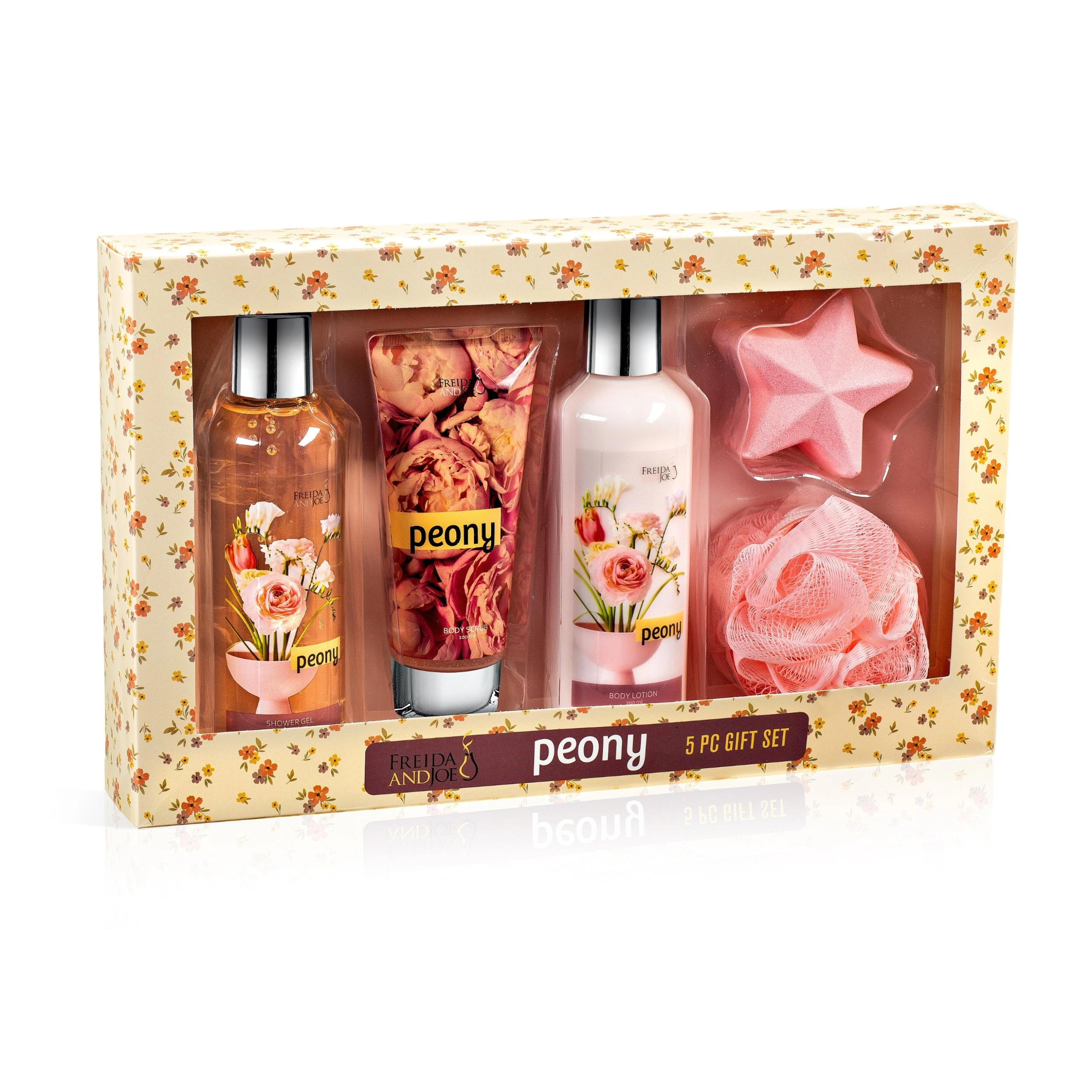 Peony Fragrance Bath & Body Collection Gift Box, Shower Gel, Body Lotion, Body Scrub, Bath Bomb, Sponge