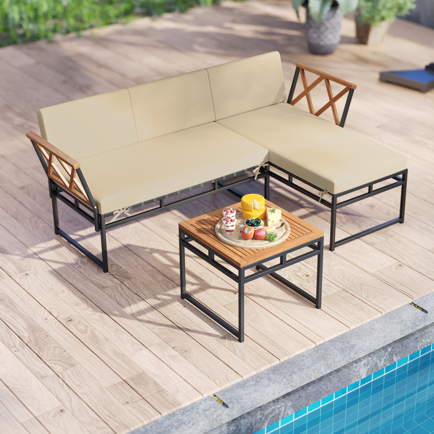 LJG 3-Piece L-Shaped Patio Furniture Set for Porch Backyard and Poolside