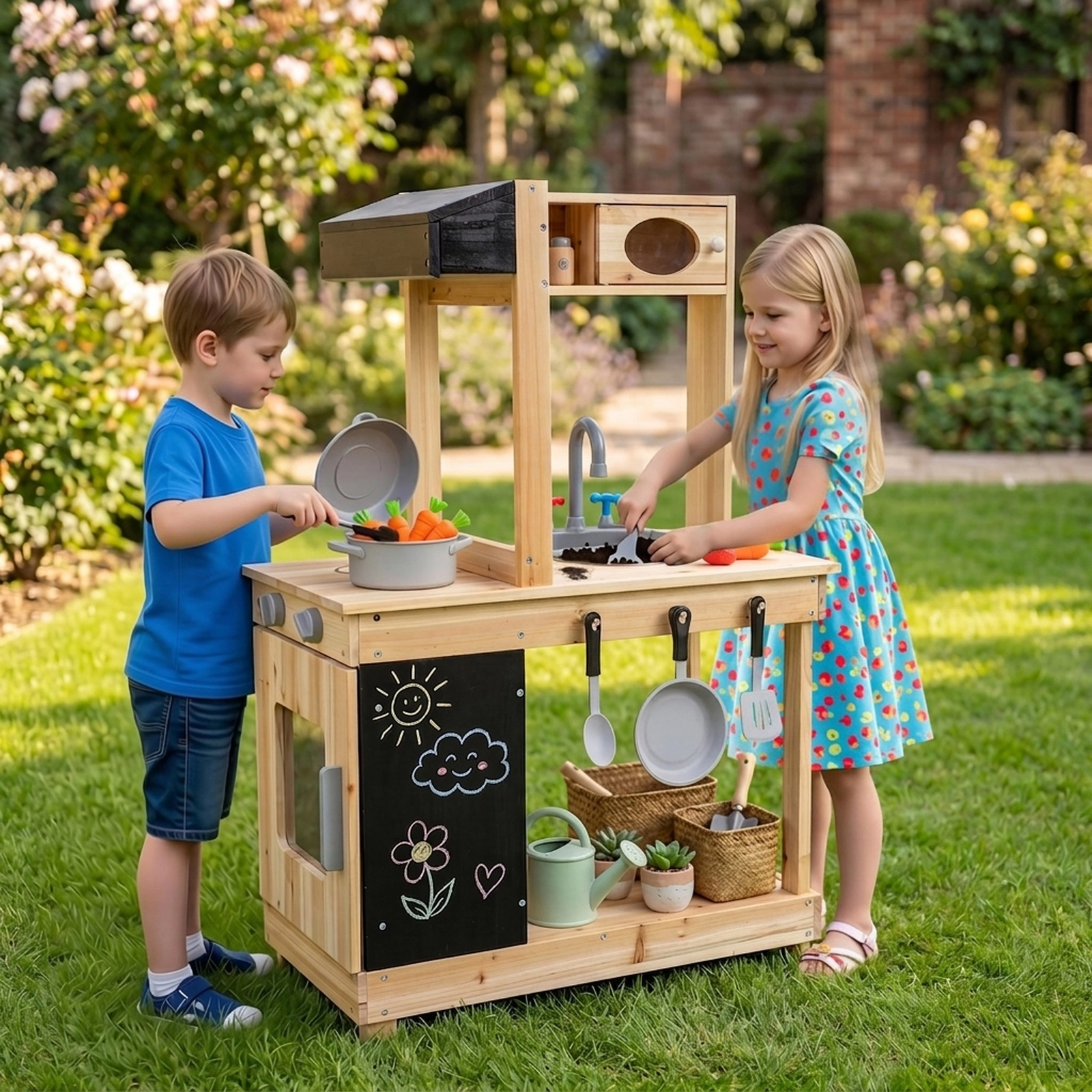 Outdoor Mud Kitchen for Kids with Chalkboard Stove Sink and 4 Storage Zones 23.5-in x 14-in x 38-in Fir Wood Natural