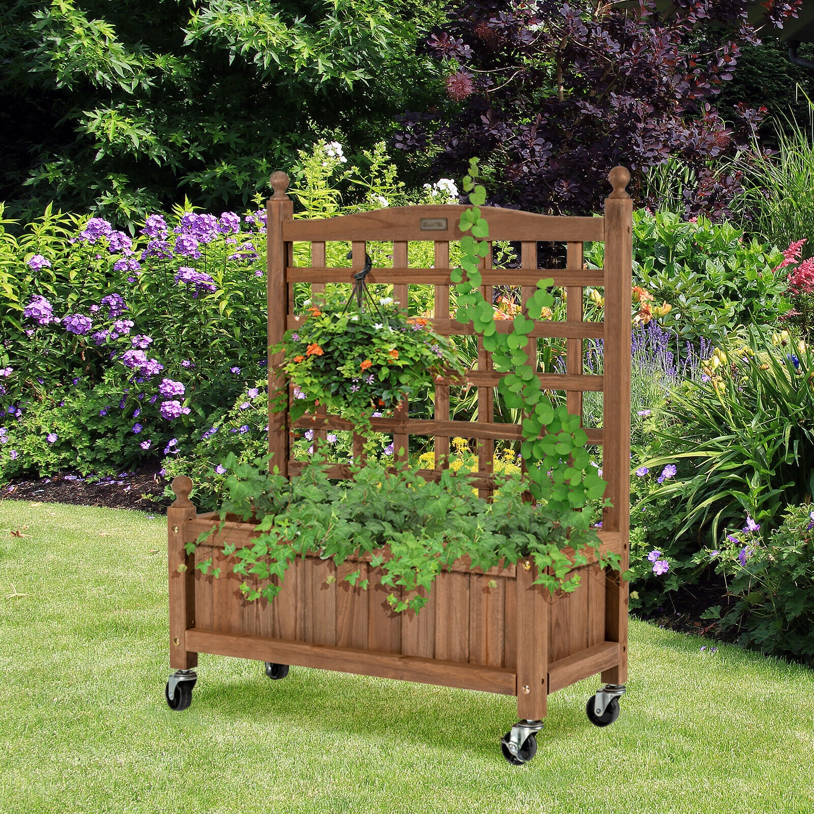 Slickblue Outdoor Wooden Raised Garden Planter with Trellis