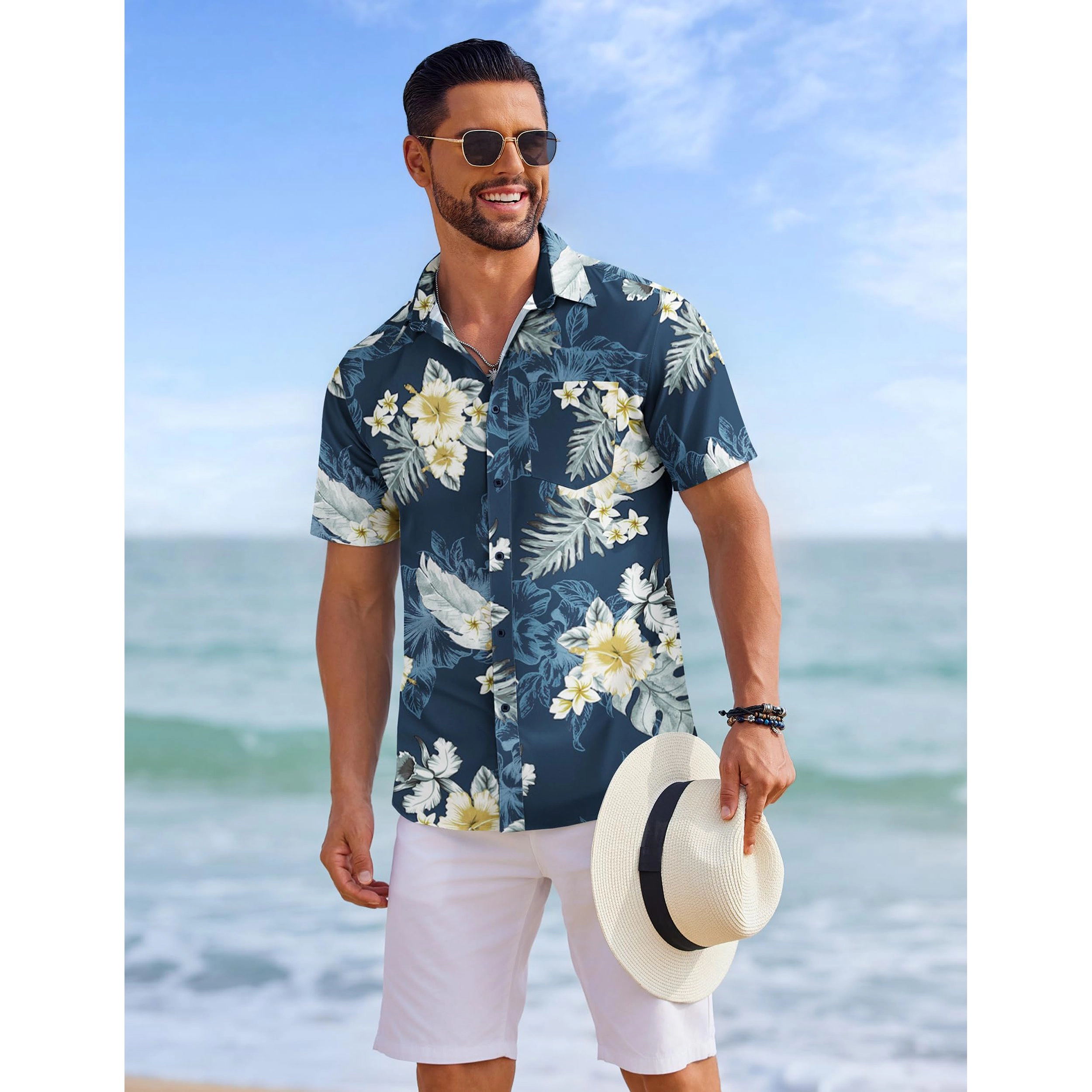 COOFANDY Mens Short Sleeve Button Down Shirts  Leaf Print Lapel Collar Tops