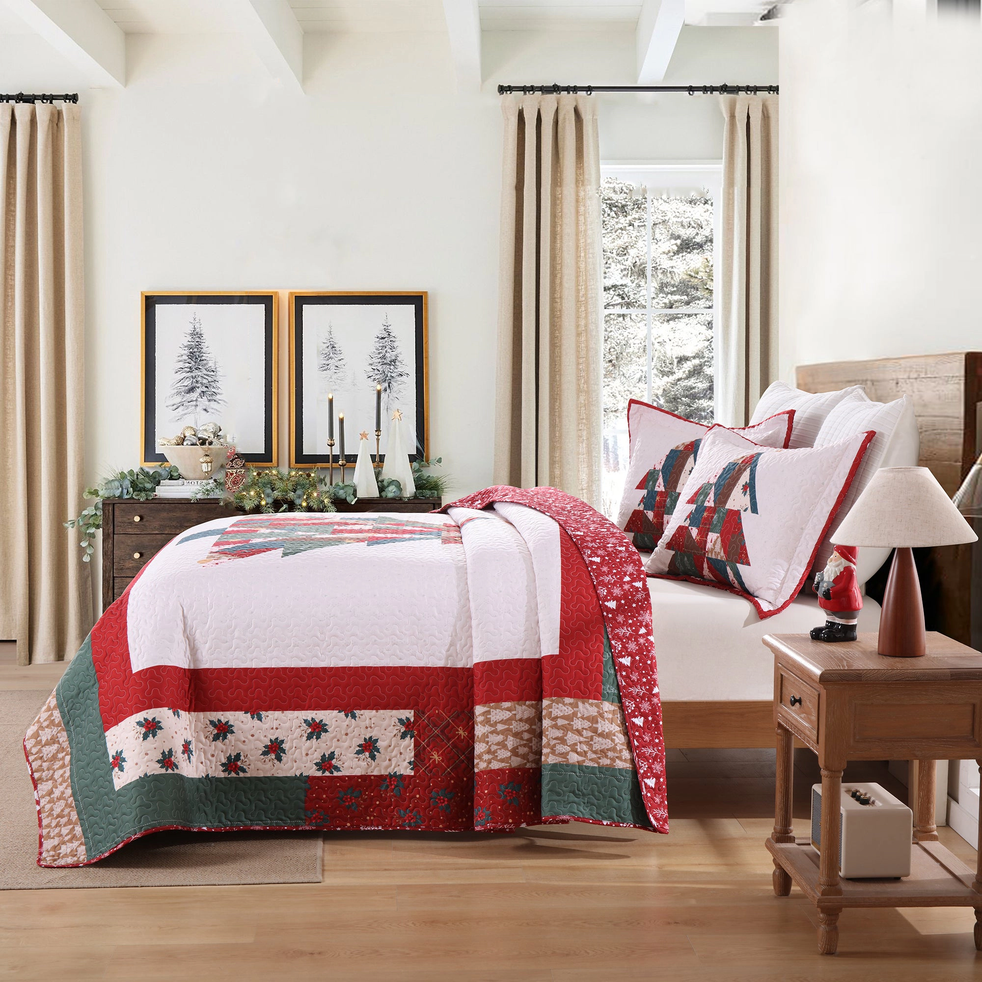 MarCielo 3 Piece Christmas Tree Quilt Set - Holiday Bedspread Set