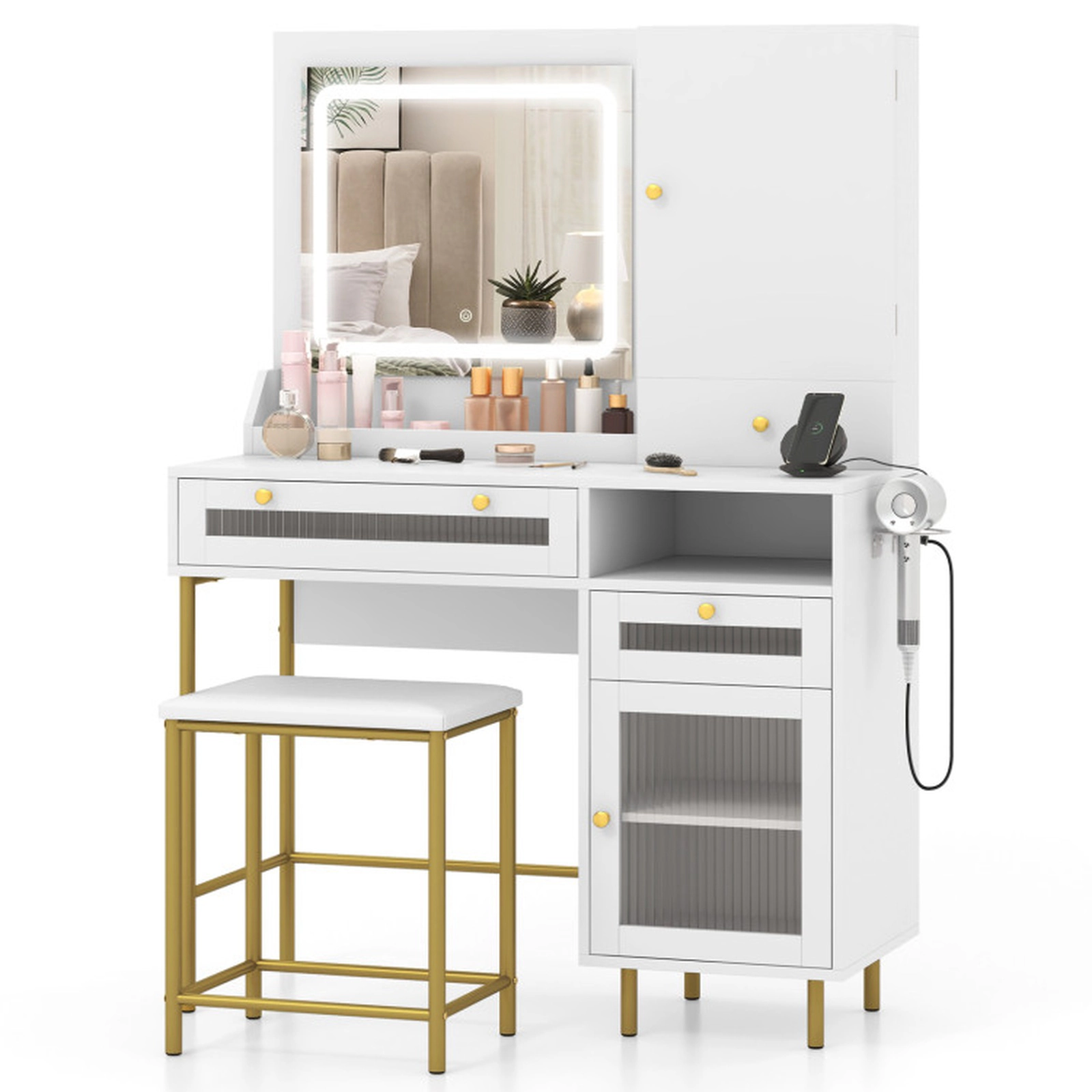 SUGIFT Modern Makeup Vanity Desk HD Mirror & 3-Color LED Lights 110-lb Tabletop & 330-lb Stool Capacity White + Gold