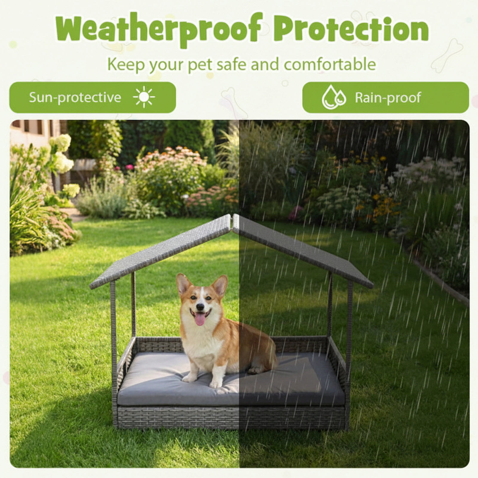 SUGIFT Wicker Dog House Elevated Pet Bed with Roof Canopy 165-lb Capacity Gray