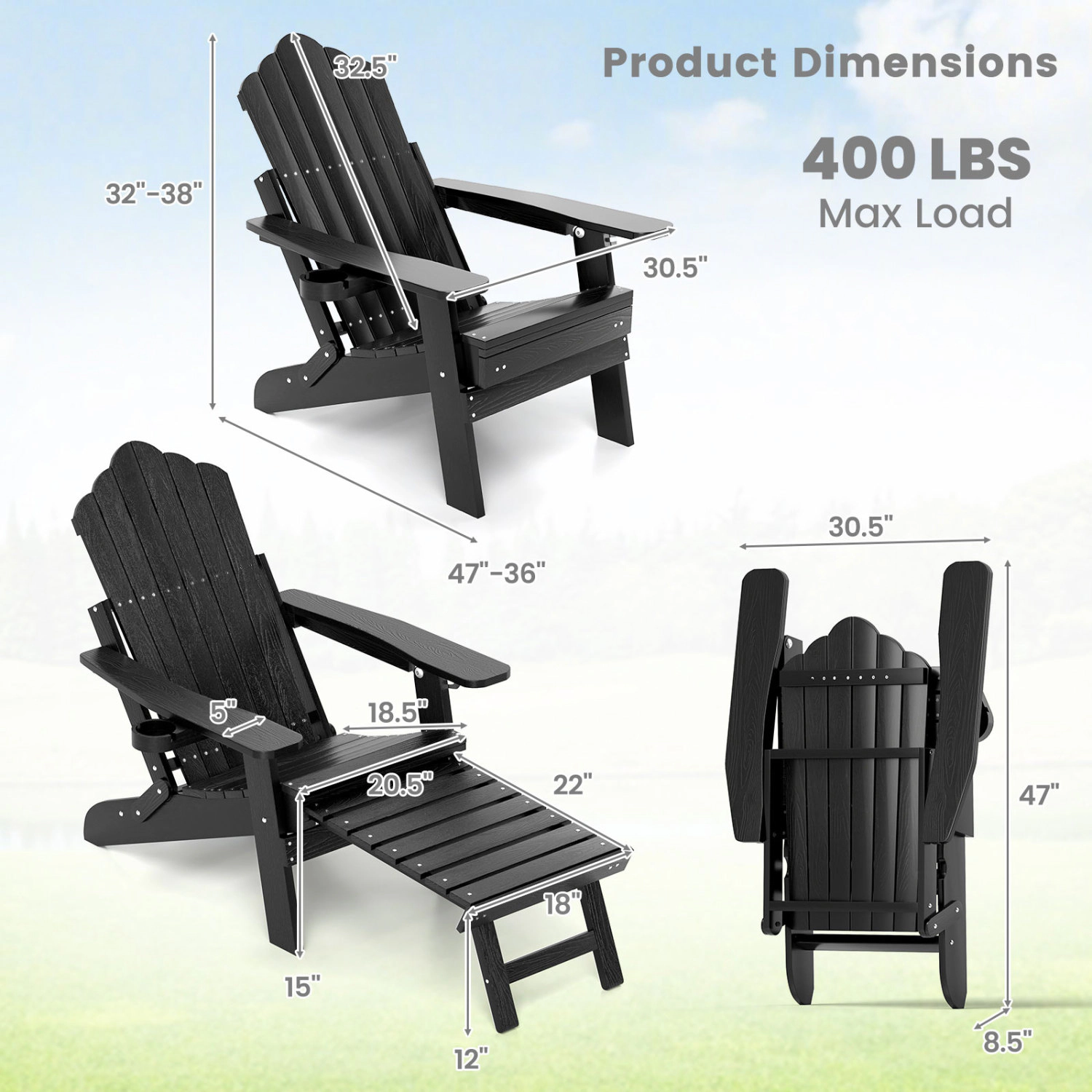 LJG All-Weather HIPS Patio Adirondack Lounge Chair with Retractable Footrest