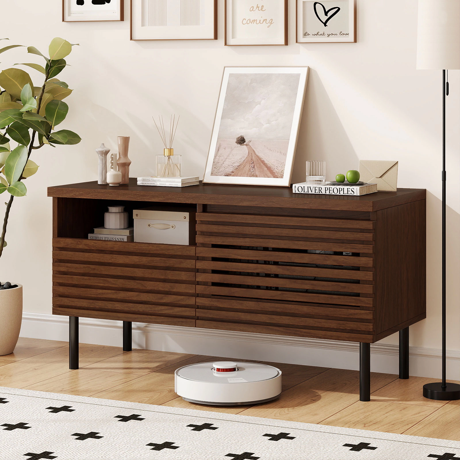 Glintex 35.5-Inch Fluted TV Stand with Drawer and Hidden Cable Hole, Walnut