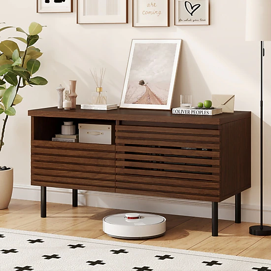 SUGIFT 40-Inch Walnut Fluted TV Stand with Drawer, Cabinet and Open Shelf