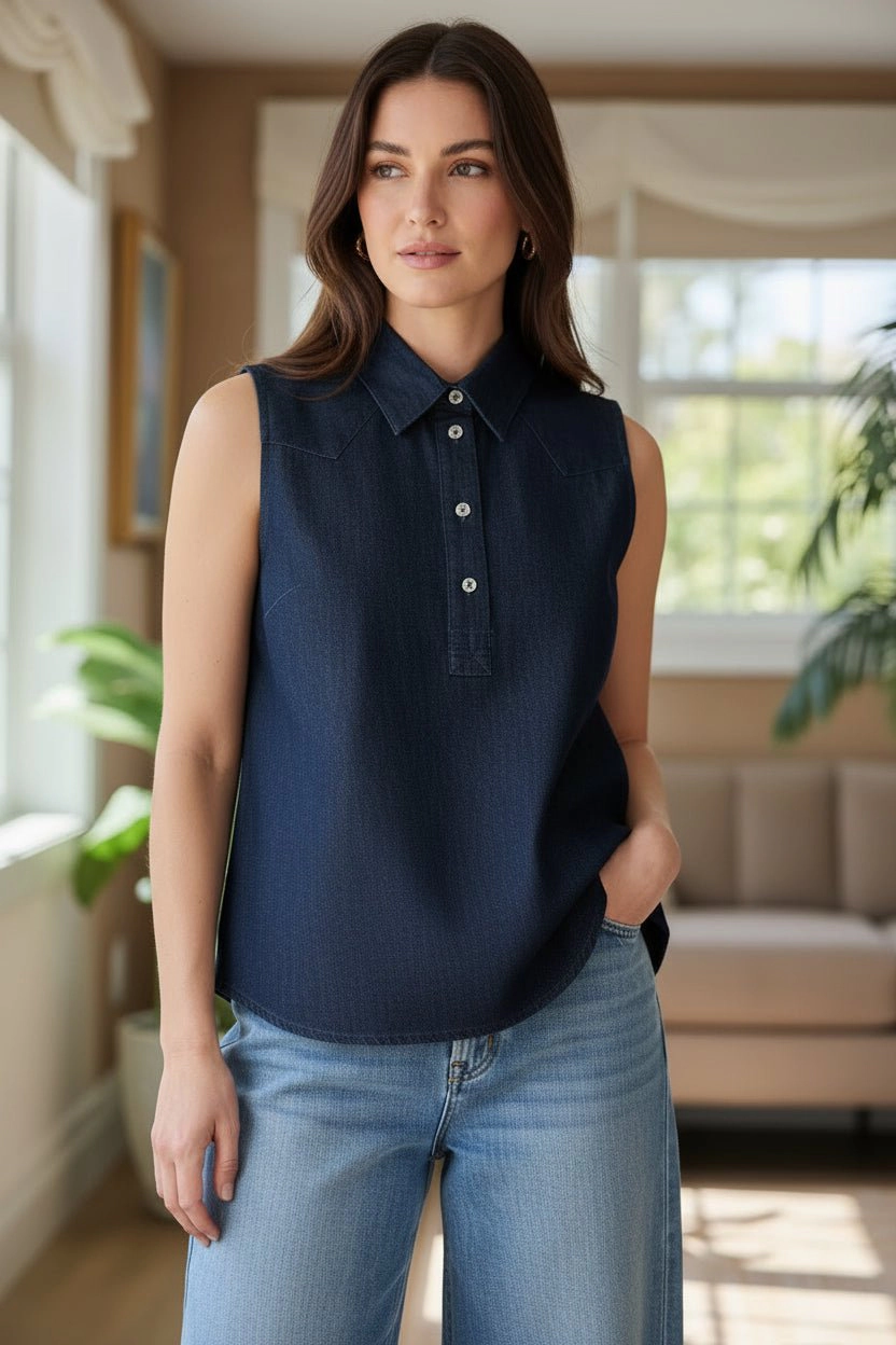 DressAtR Women's Navy Blue Denim Sleeveless Collared Front Button Shirt