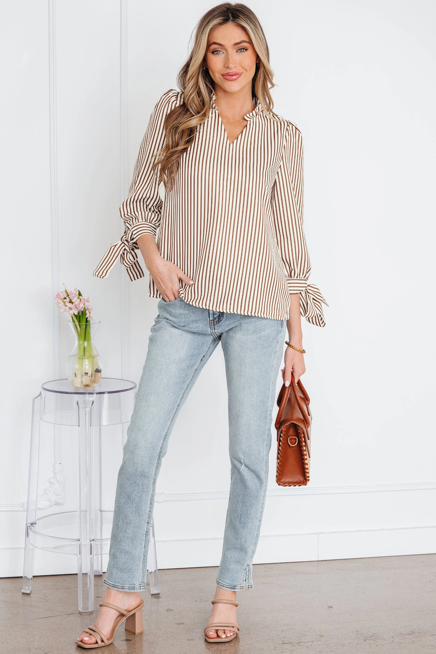 Threaded Pear Women's Blair Tied Cuffs Seersucker Blouse