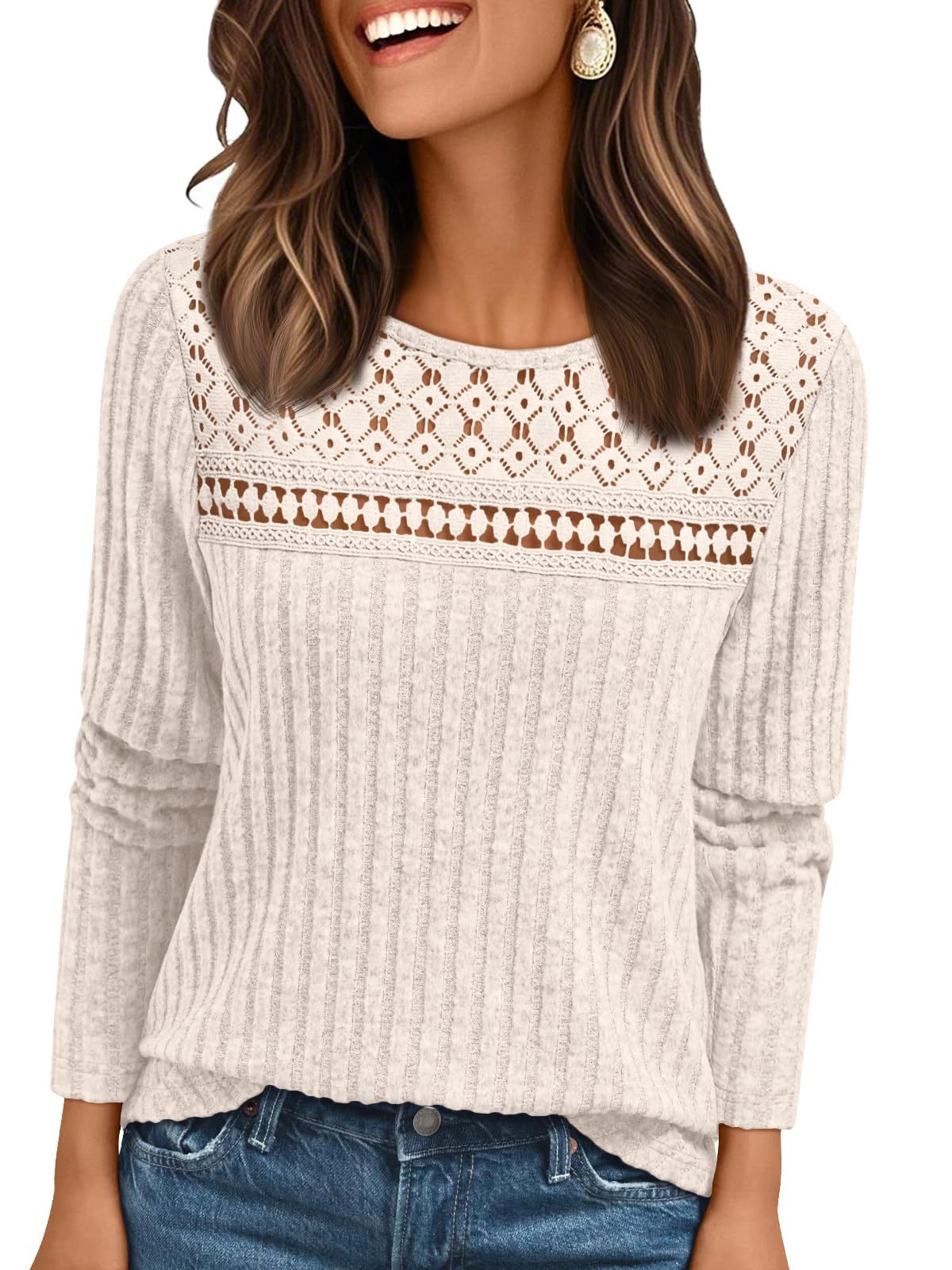 Enchanted Funland Womens Round Neck Lace Yoke Ribbed Long Sleeve Casual Tops