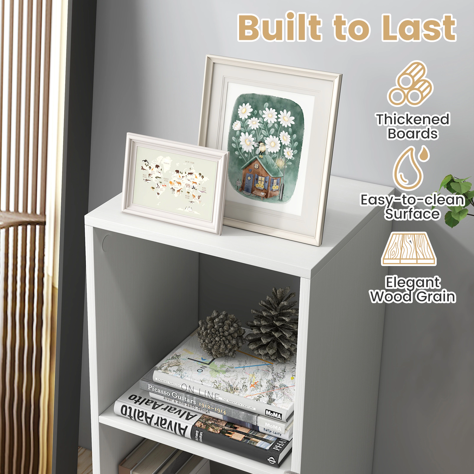 SUGIFT 2-Cube 110-lb Capacity White 27.5-in Small Bookshelf with Back Guardrail 2 Anti-Tipping Kits