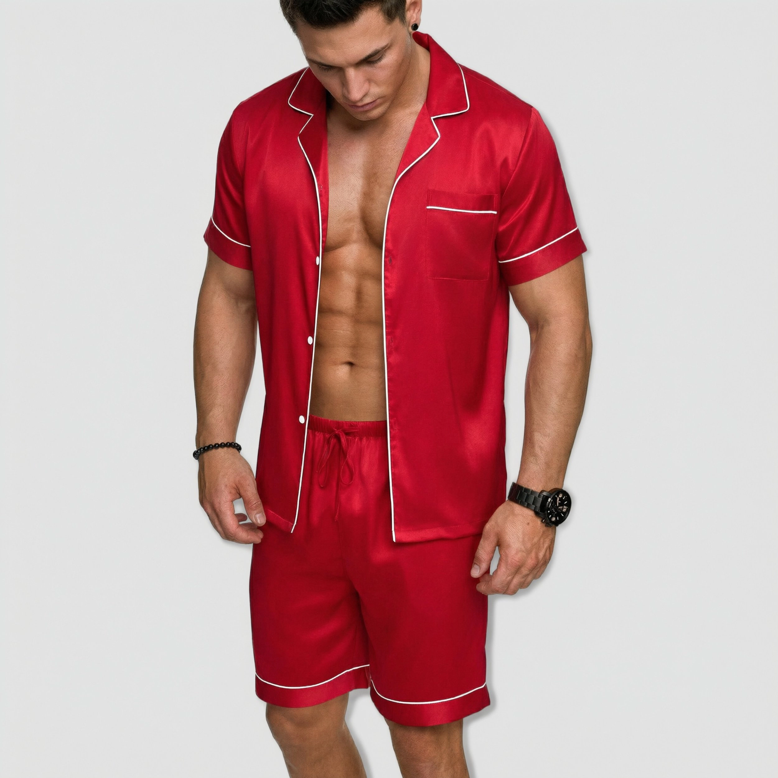 Ekouaer Satin Pajamas, Mens Short Sleeve Button Up Silk Lounge Set with Pockets