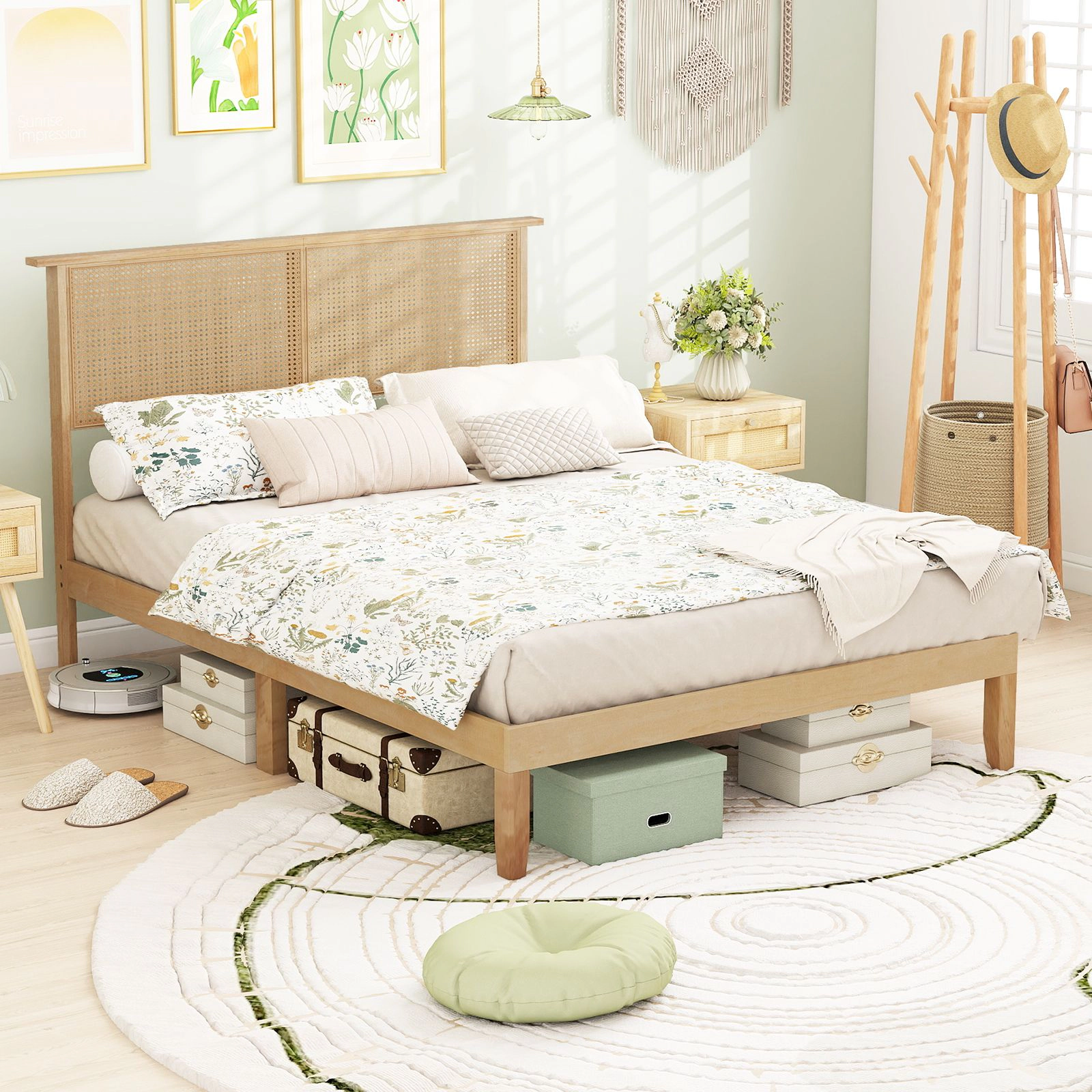 SlickBlue Rattan Platform Bed Frame with Solid Wood Frame and Headboard