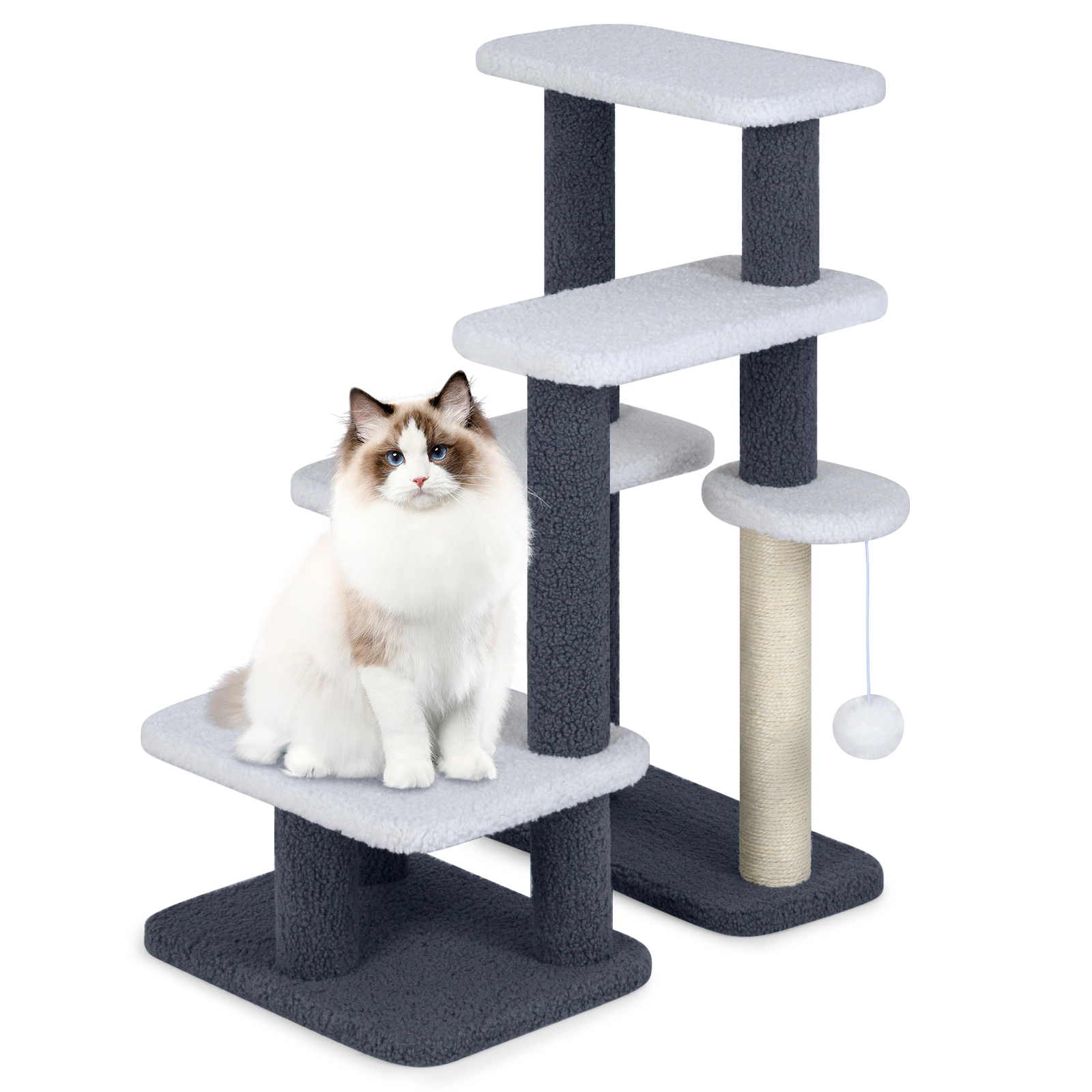 LJG 2-in-1 Cat Stairs Cat Tree Tower with Scratching Posts and Hanging Toy Ball