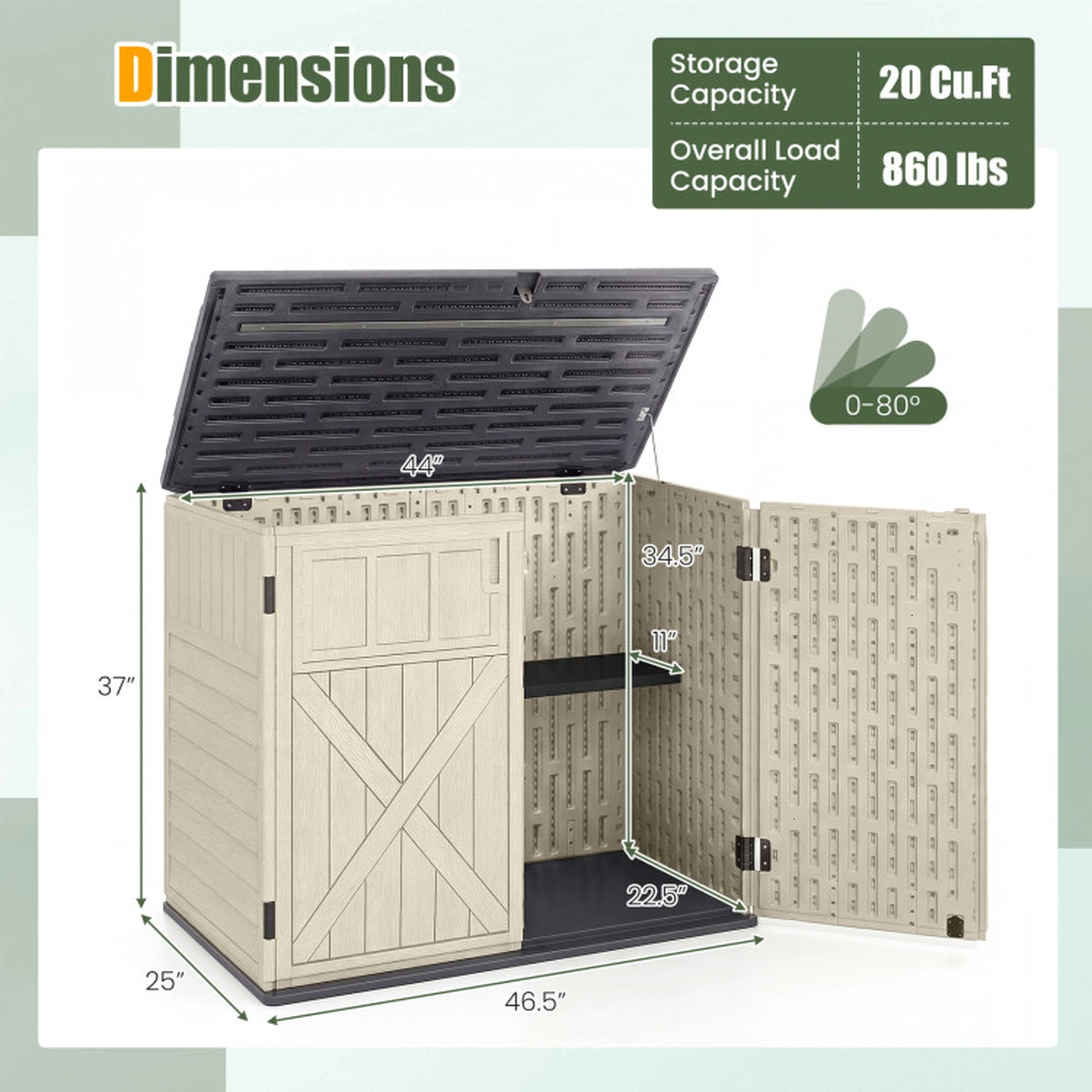 SUGIFT 20-cu ft 860-lb Capacity Horizontal Resin Outdoor Storage Shed with 3-Position Adjustable Shelf