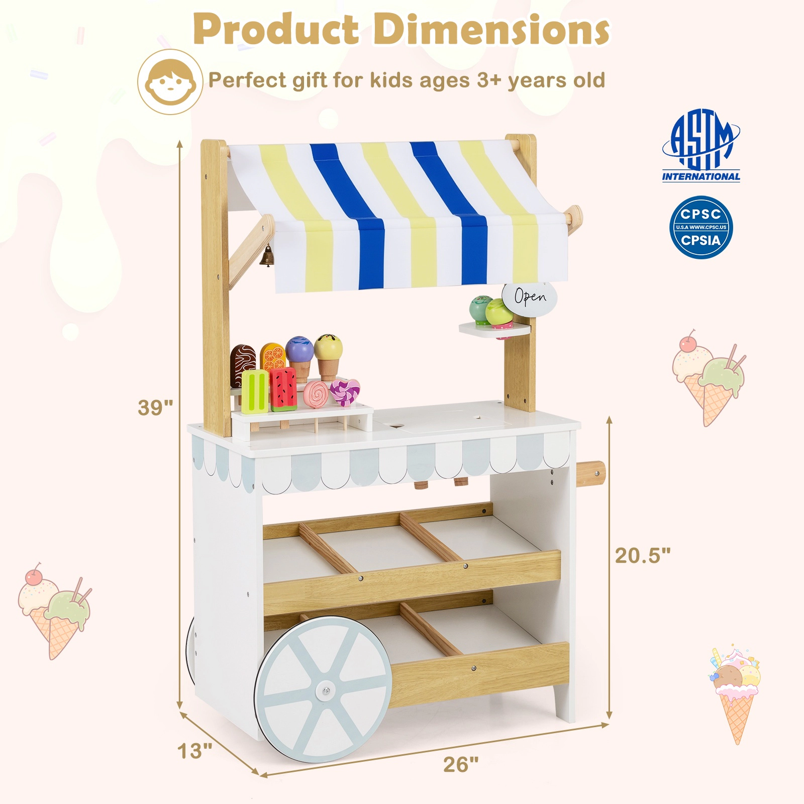 SUGIFT 2-in-1 Wooden Ice Cream Cart and Grocery Store Playset with 20.5-in Countertop Ages 3+ White