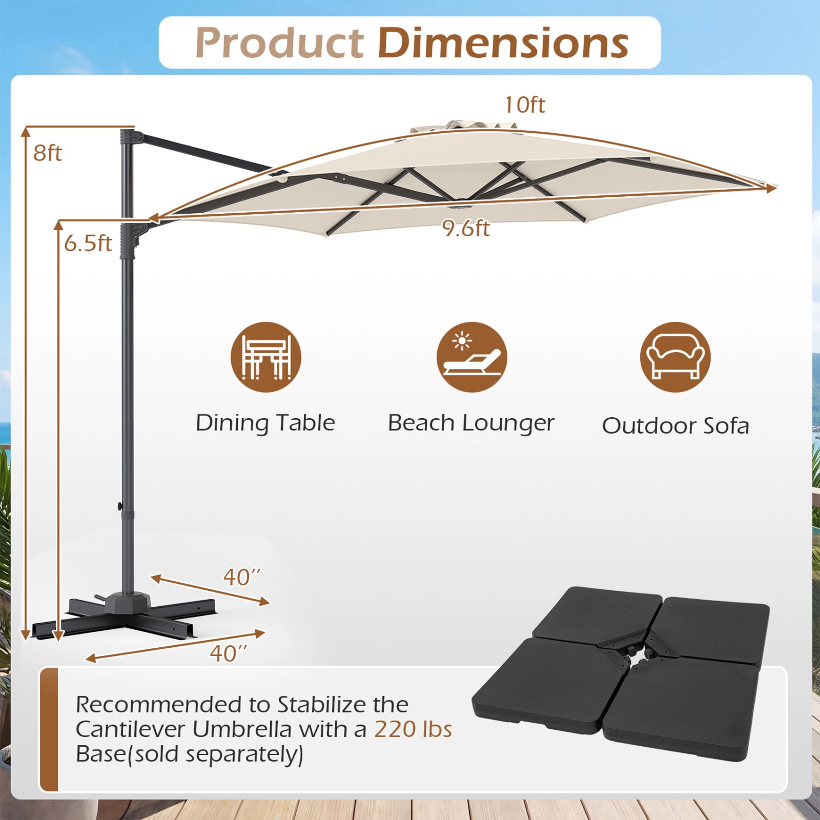 SUGIFT 10 ft Cantilever Patio Umbrella with Foot Pedal Rotation and Cross Base
